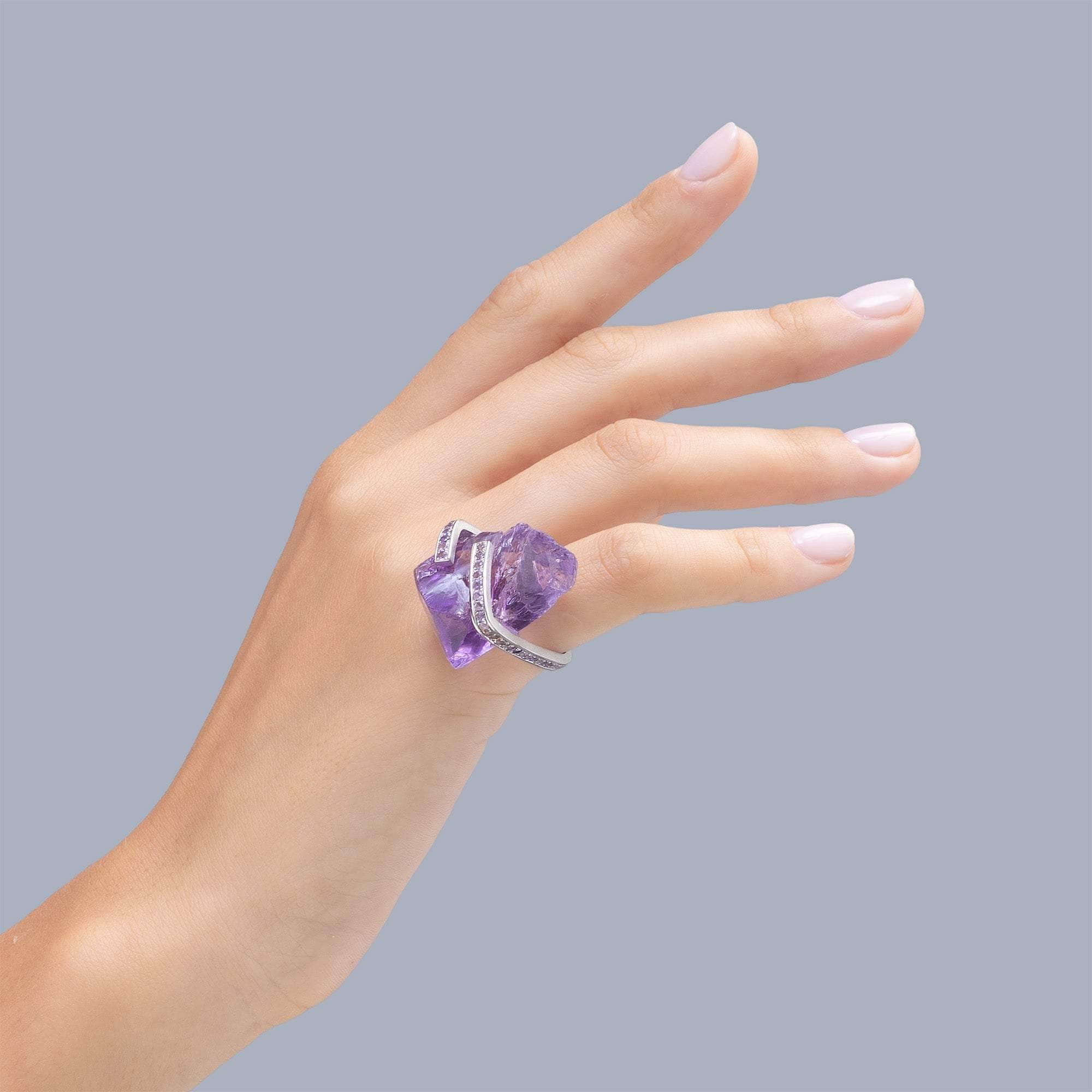 Yed Signature Design 925 Silver Ring with Raw and Cut Amethyst
