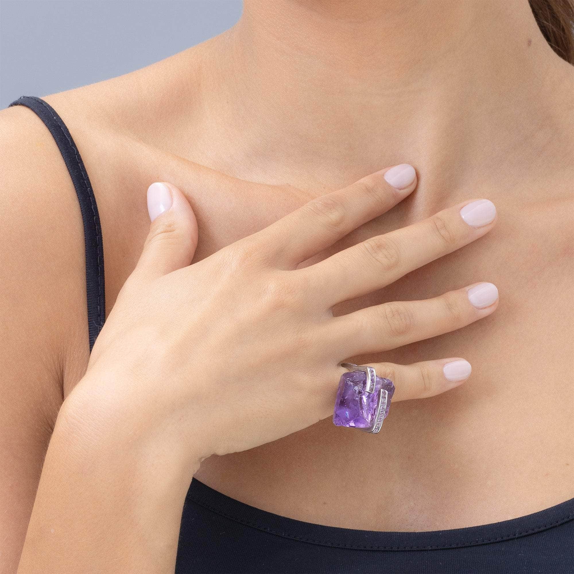 Yed Signature Design 925 Silver Ring with Raw and Cut Amethyst