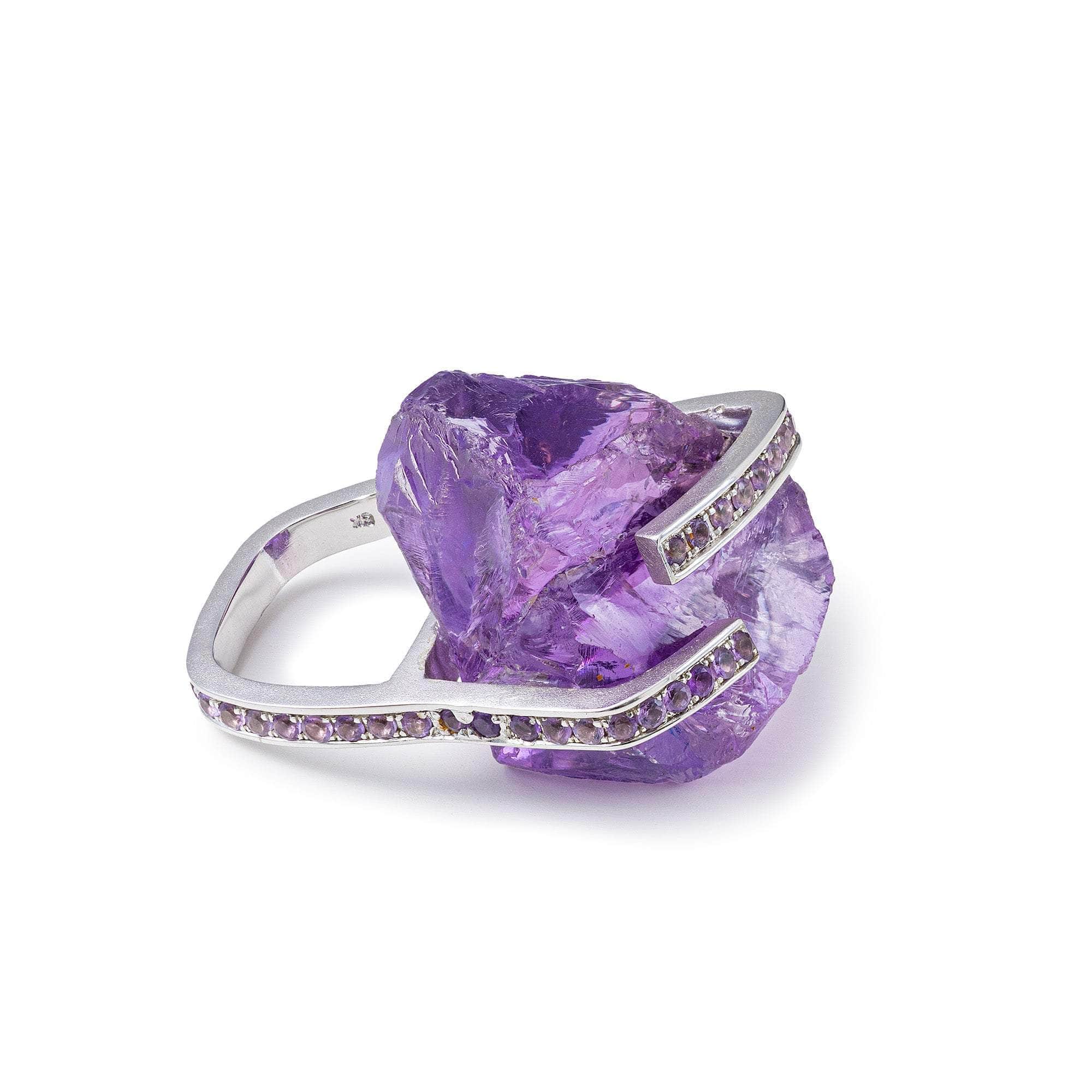 Yed Signature Design 925 Silver Ring with Raw and Cut Amethyst
