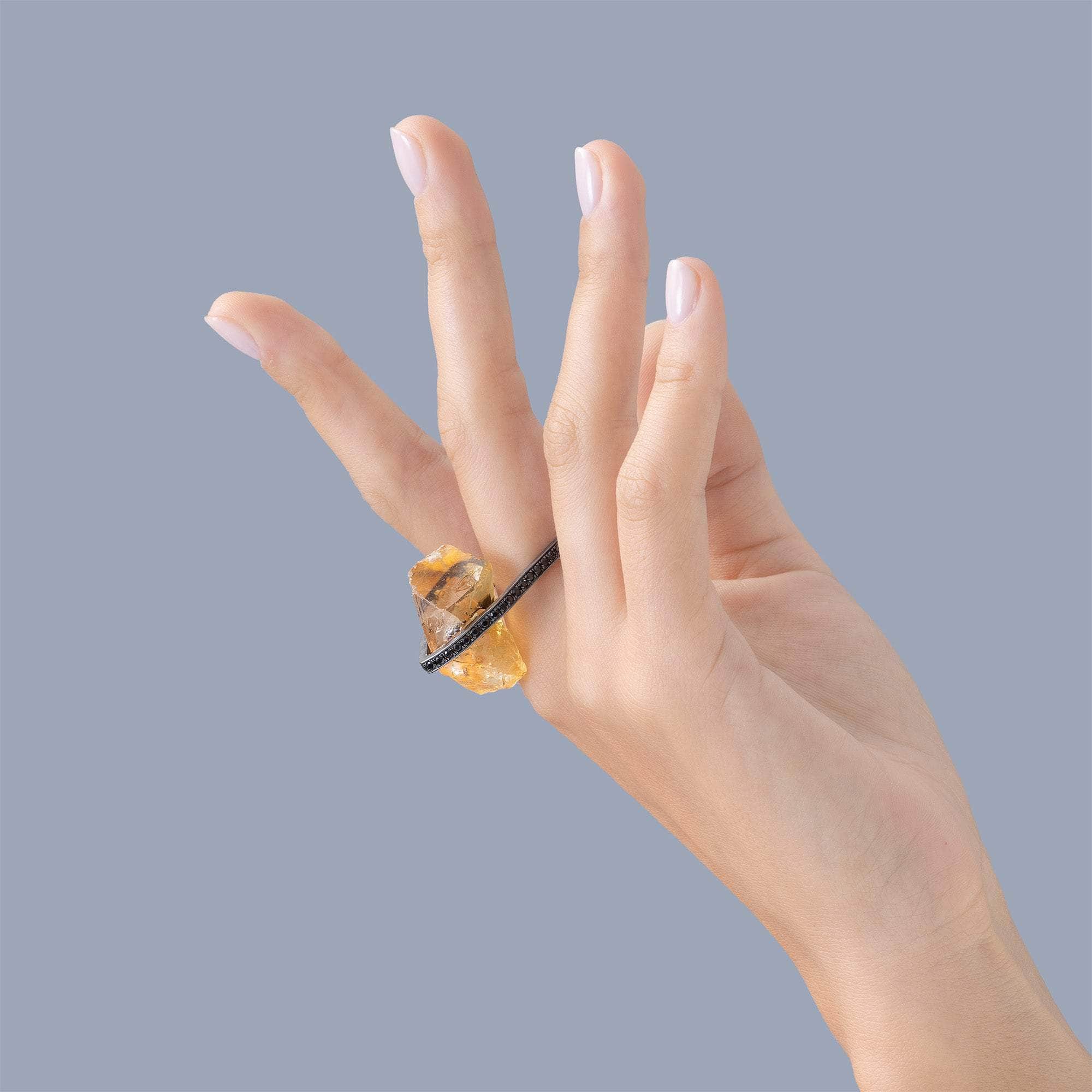 Shaula Chunky Rough Citrine and Black Spinel Ring in 925 Sterling Silver Plated with Black Ruthenium