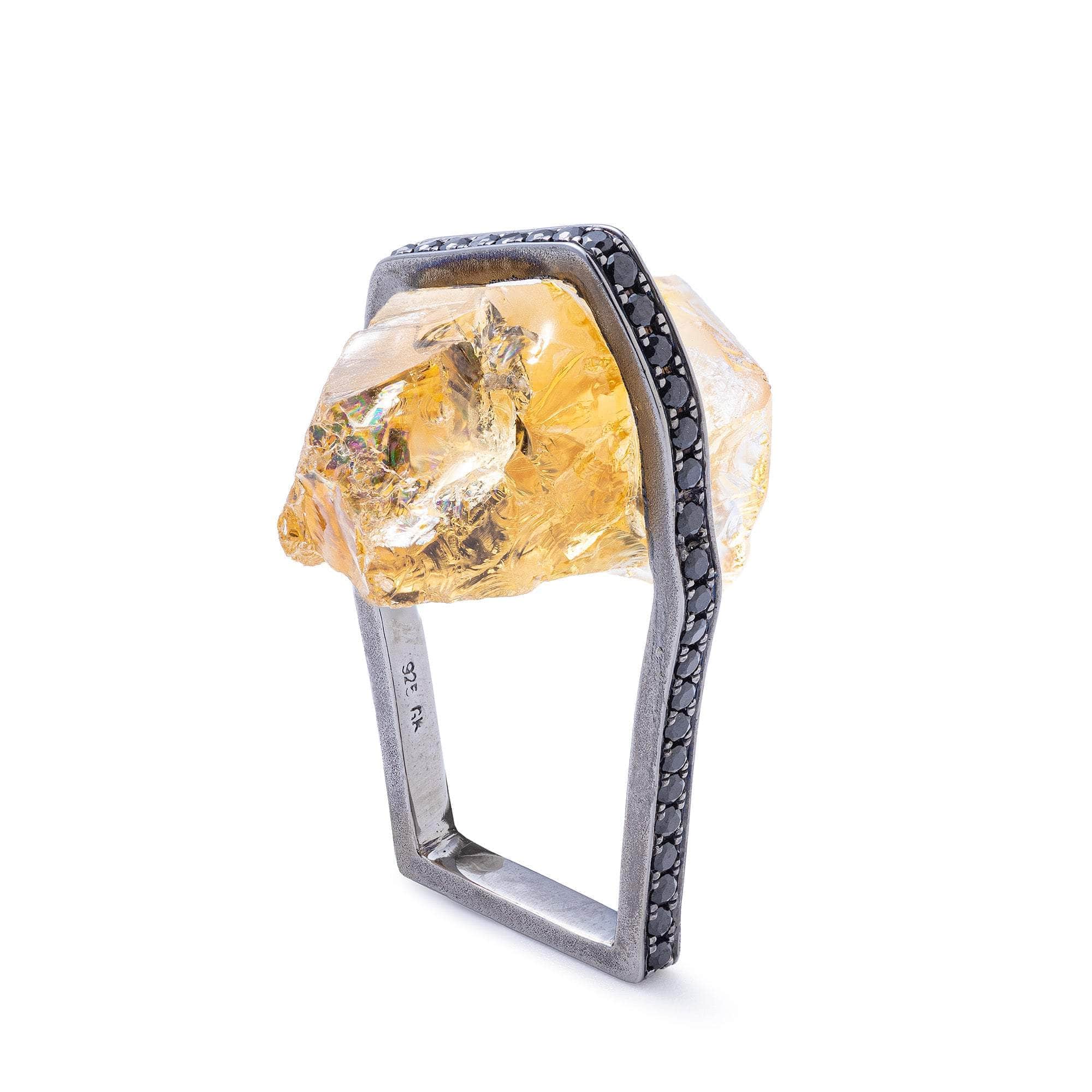 Shaula Chunky Rough Citrine and Black Spinel Ring in 925 Sterling Silver Plated with Black Ruthenium