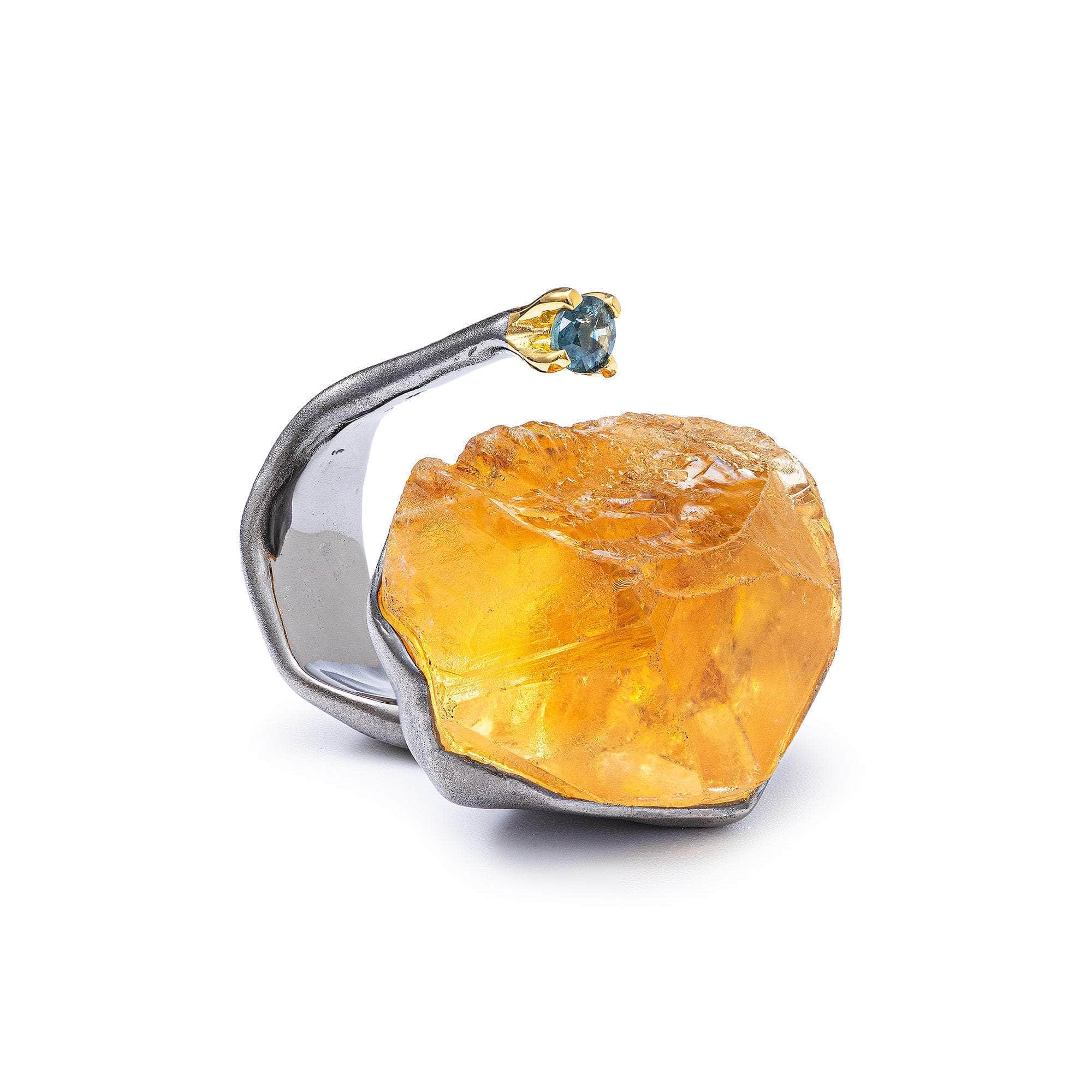 Apata Rough Citrine and Sapphire Ring