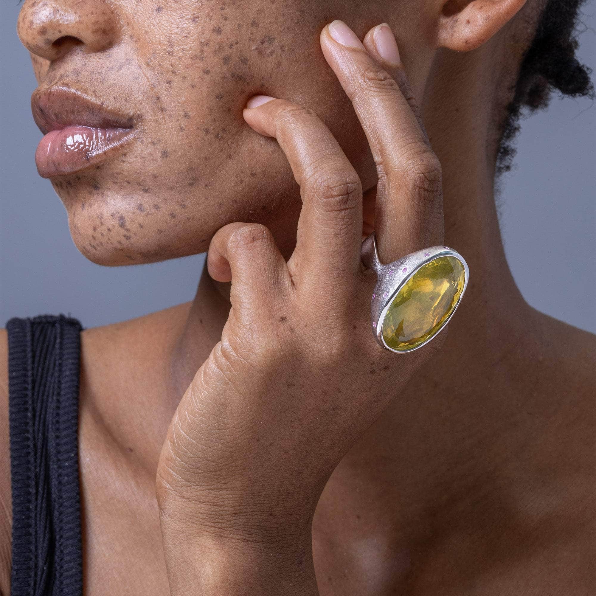 Helios Singular Statement Ring With Large Oval Lemon Quartz & Pink Sapphire Dots In 925 Sterling Silver