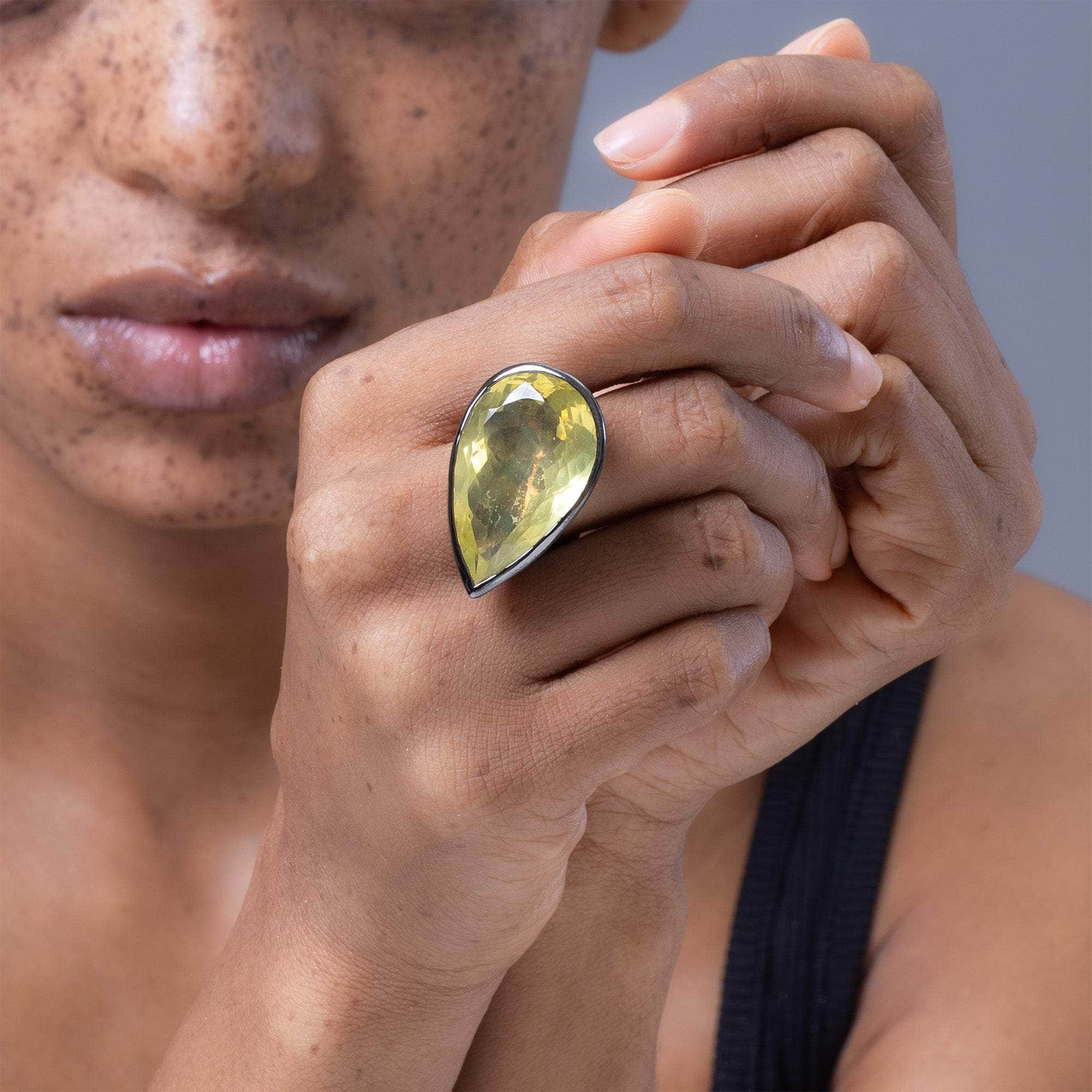 Solin Pear Cut Lemon Quartz & Pink Sapphire Ring In 925 Silver With Black Ruthenium And 18K Gold Plating