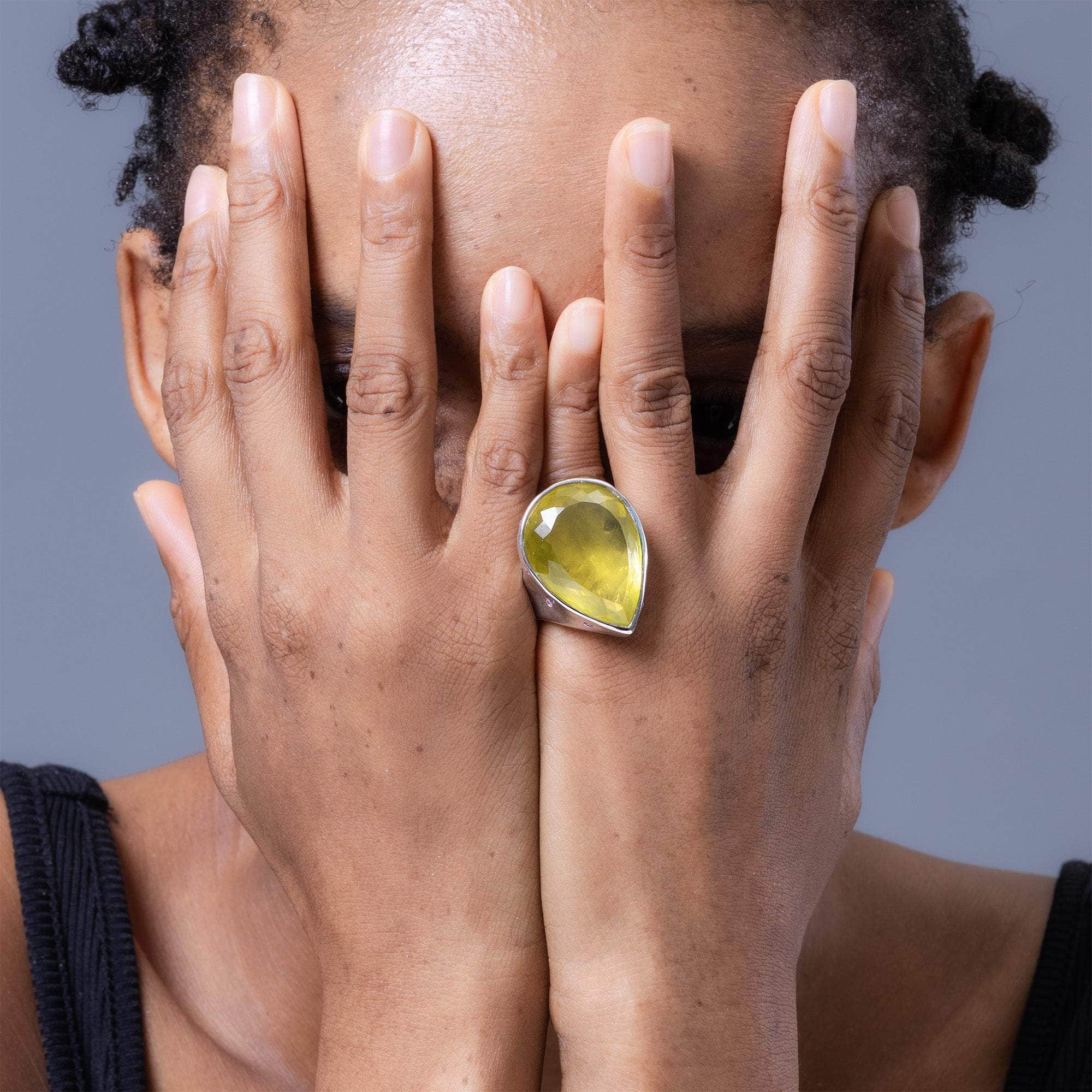 Cedro Pear Cut Lemon Quartz & Pink Sapphire Statement Ring In White Rhodium & Gold Plated Silver