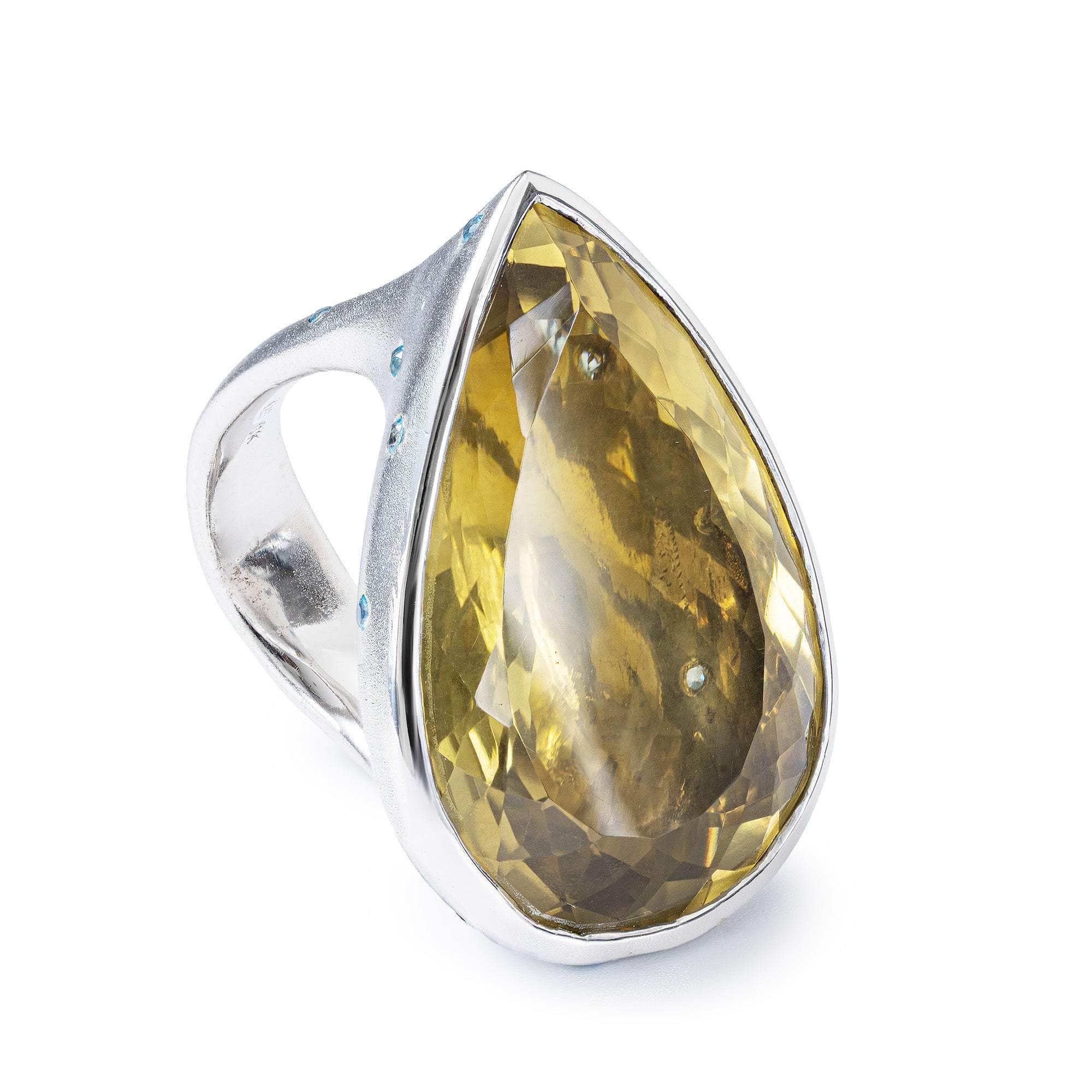 Thea Pear Cut Lemon Quartz & Blue Topaz Singular Ring In Ruthenium & 18K Gold Plated Silver