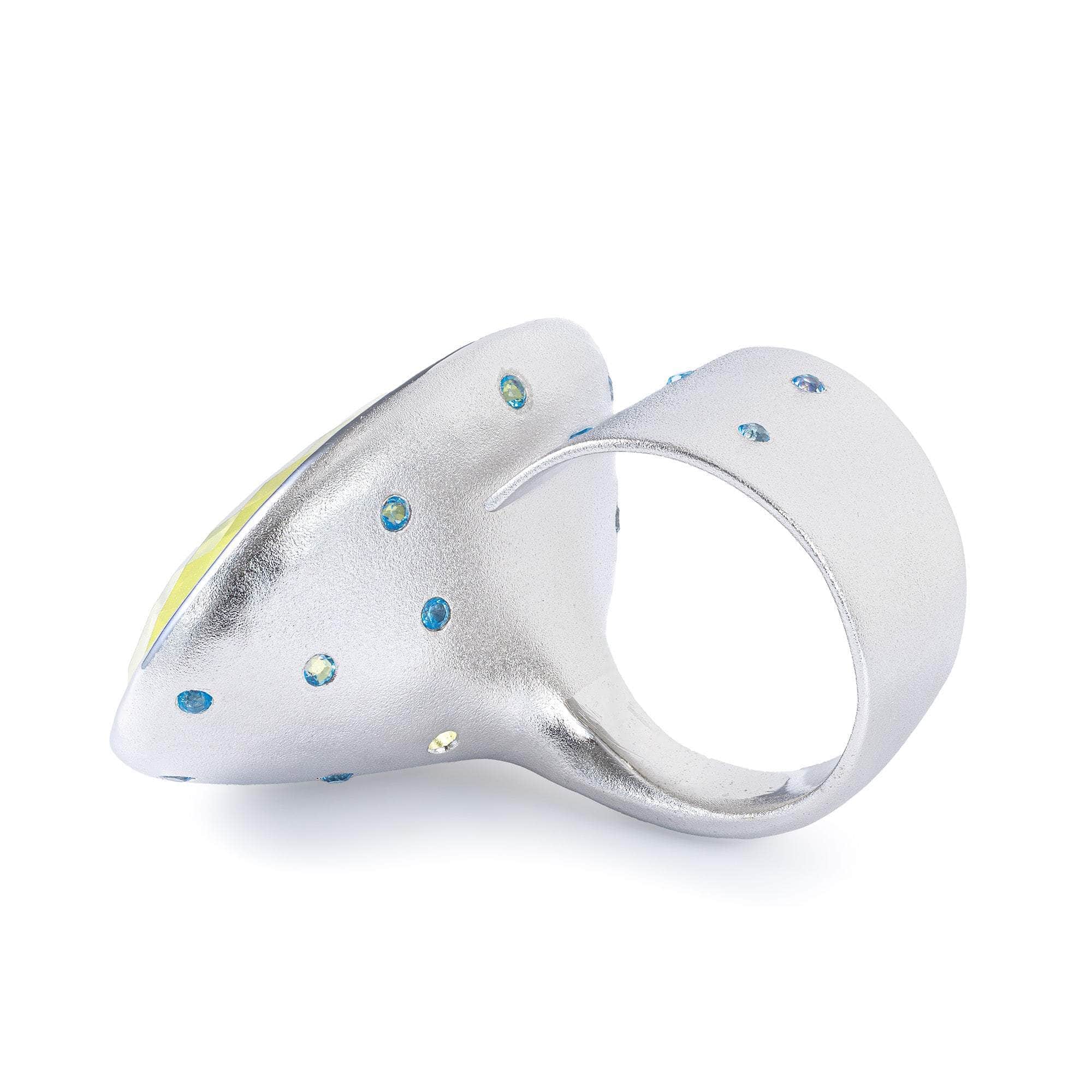 Ayla Lemon Quartz & Blue Topaz Open Band Ring In White Rhodium & 18K Gold Plated Silver