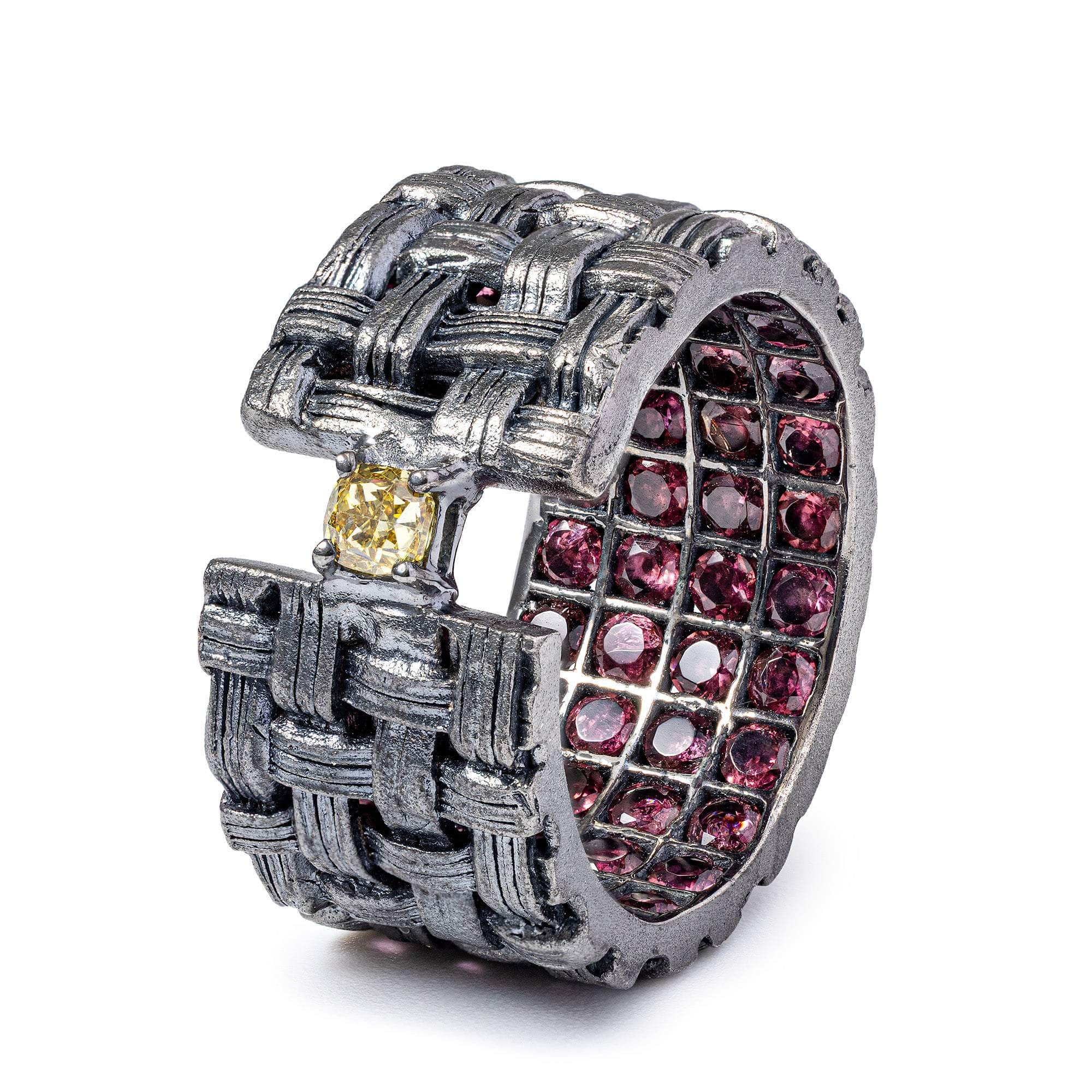 Alter Ego Statement Ring in Silver with 0.15 Carat Golden Diamond Crown & Rhodolite Garnets Hidden Inside
