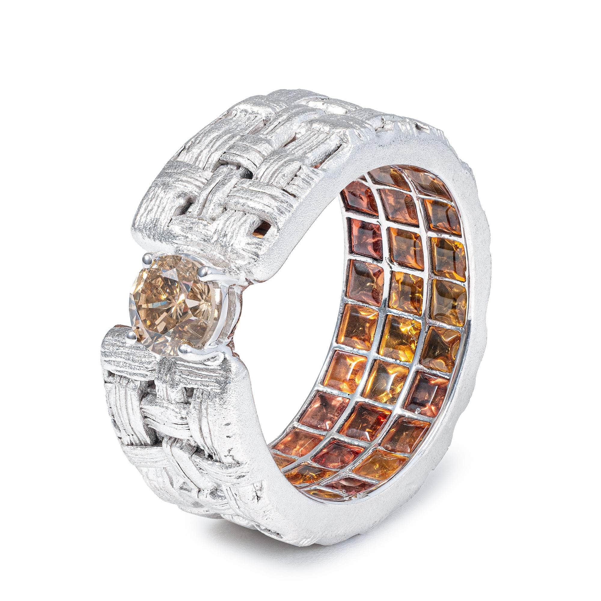 Erato Đˇollectible Egoist Ring  with 0.50 Carat Fancy Diamond & Orange Sapphires Inside Textured Silver Band