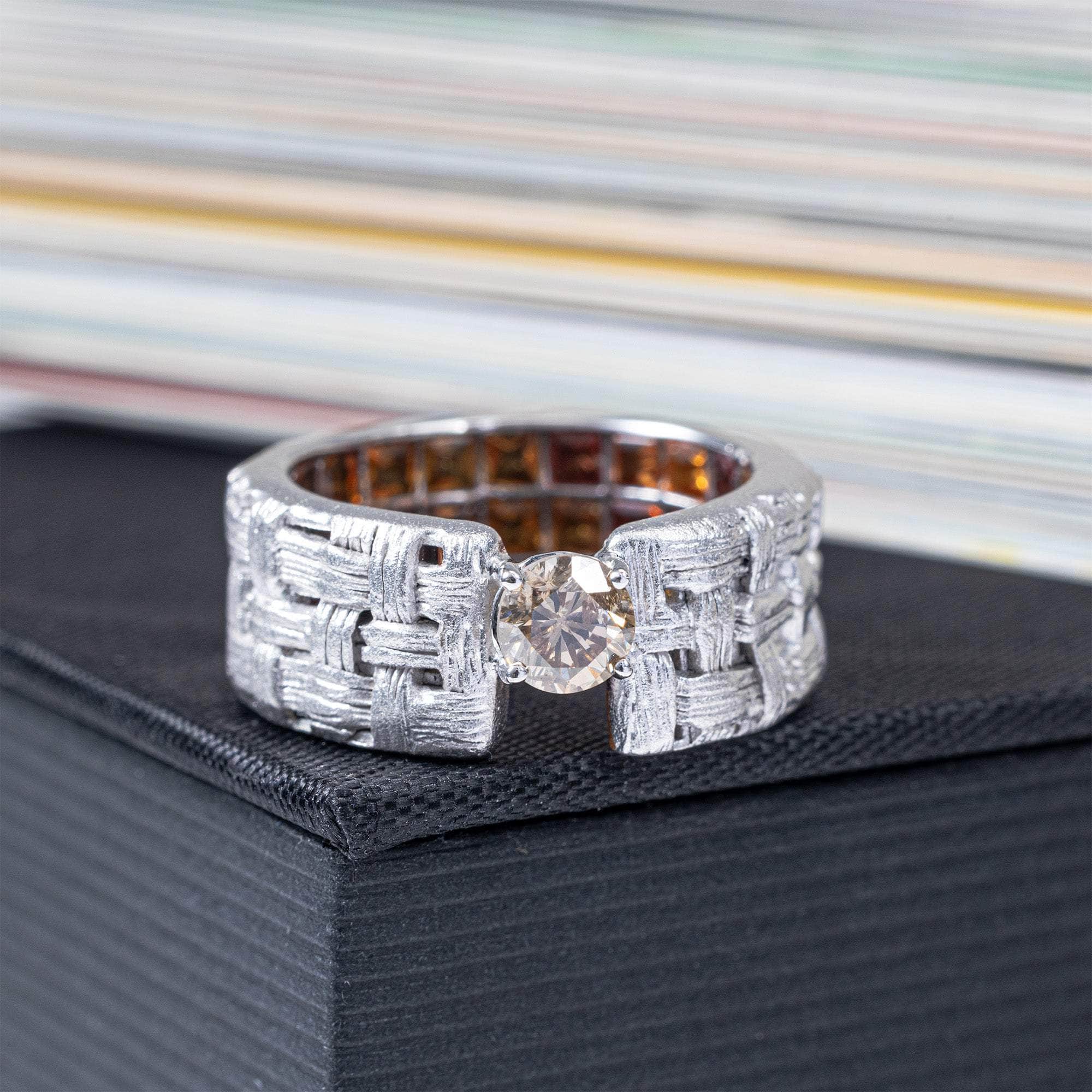 Erato Đˇollectible Egoist Ring  with 0.50 Carat Fancy Diamond & Orange Sapphires Inside Textured Silver Band