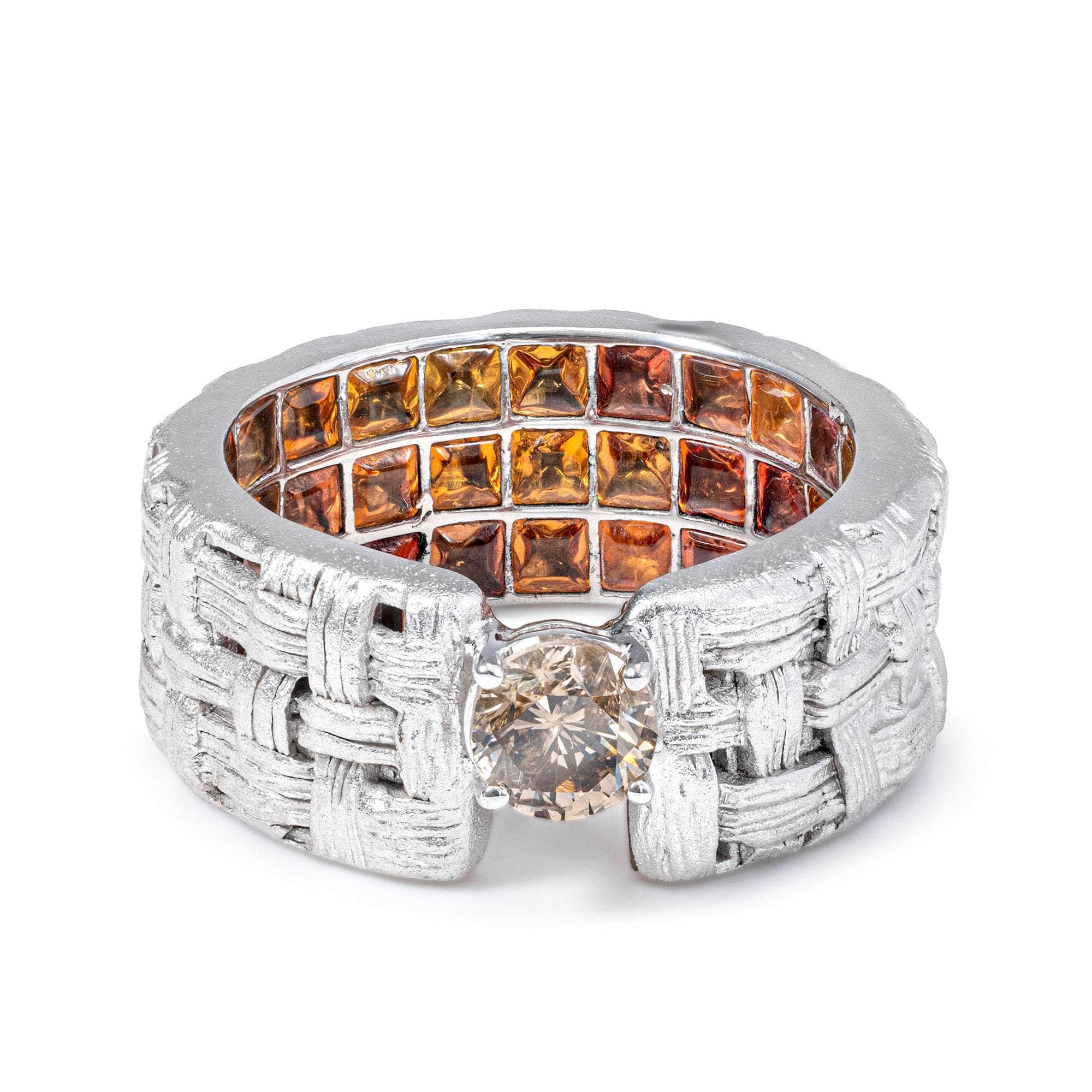 Erato Đˇollectible Egoist Ring  with 0.50 Carat Fancy Diamond & Orange Sapphires Inside Textured Silver Band