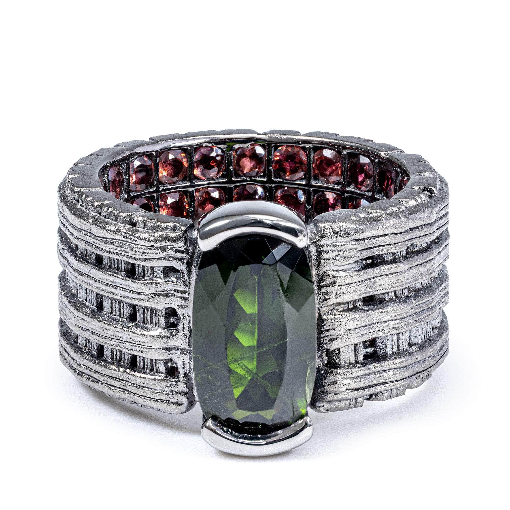 Tyche Singular Egoist Ring with Octagon Chrome Diopside & Hidden Rhodolite Garnet in Sterling Silver Band