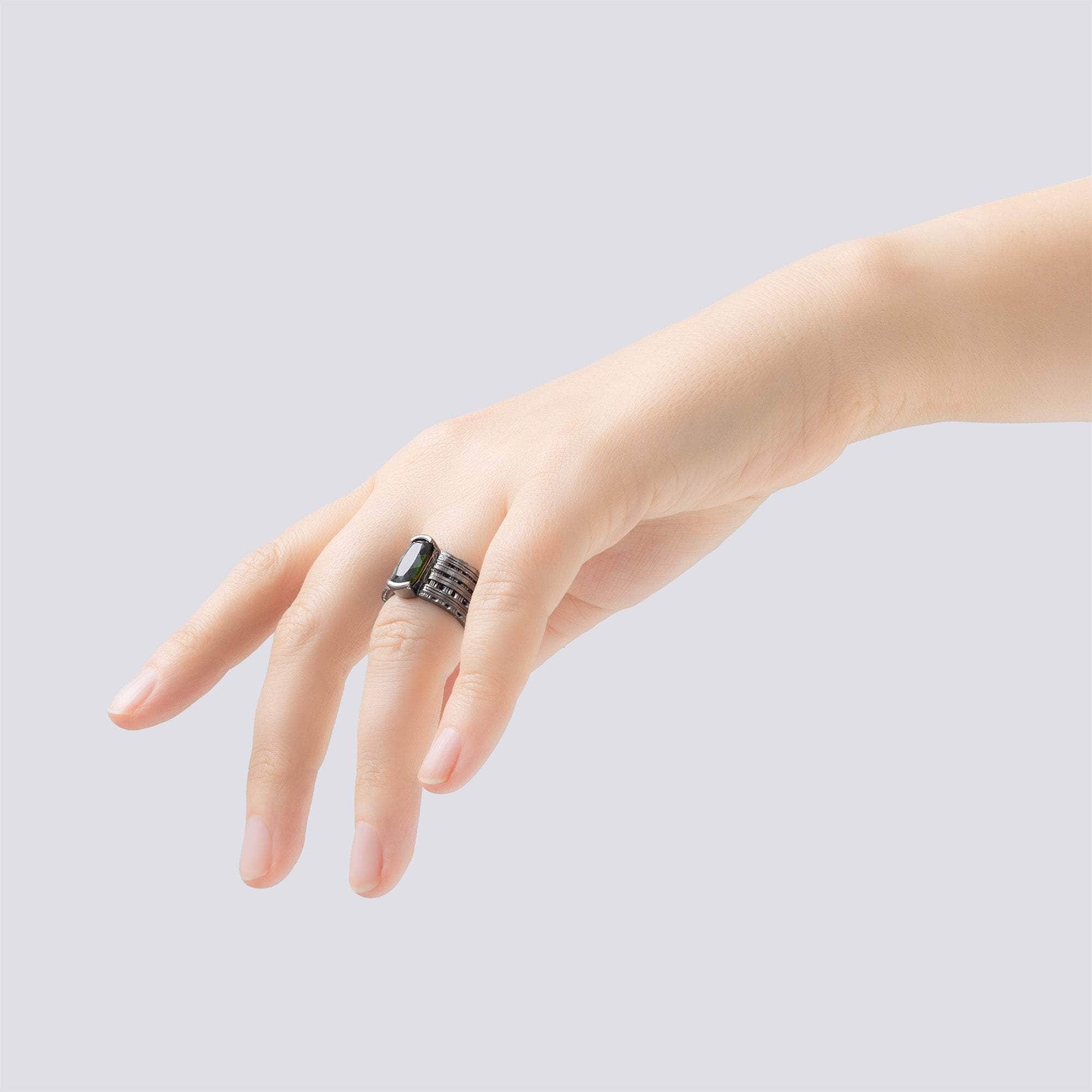 Tyche Singular Egoist Ring with Octagon Chrome Diopside & Hidden Rhodolite Garnet in Sterling Silver Band