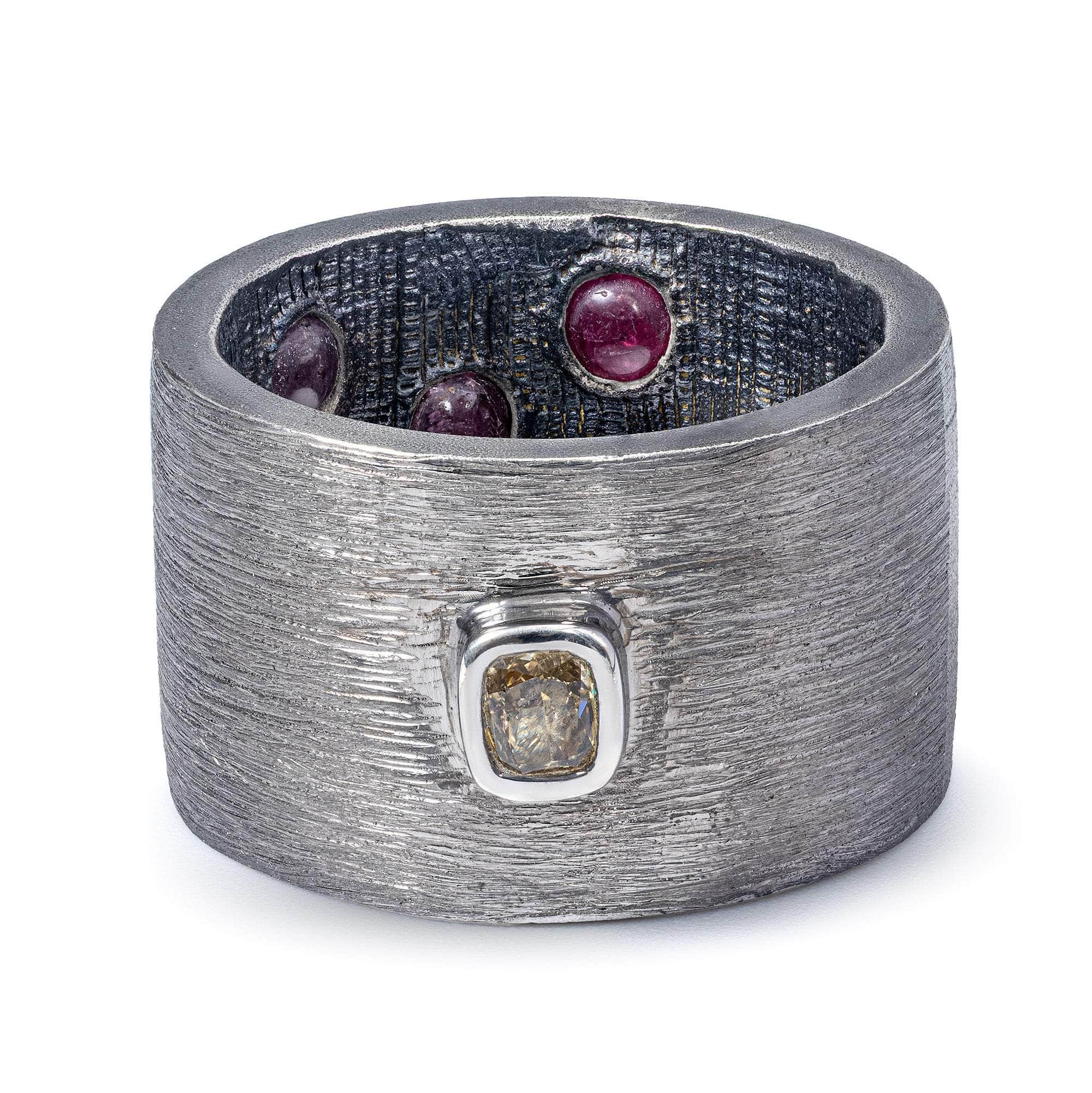 Intra Singular Statement Ring with 0.20 Carat Golden Olive Diamond & Hidden Round Cabochon Rubies Inside