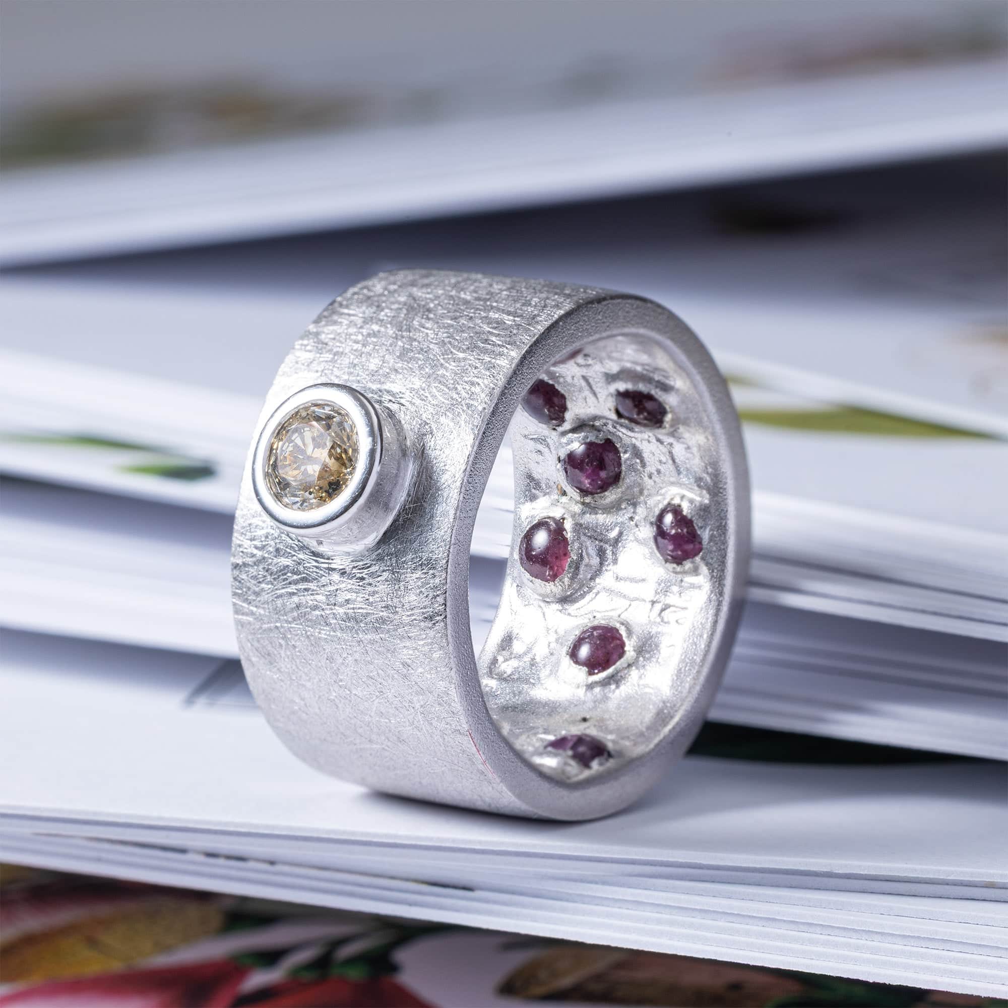 Veritas Singular Egoist Ring in Silver with Golden Diamond & Hidden Cabochon Ruby