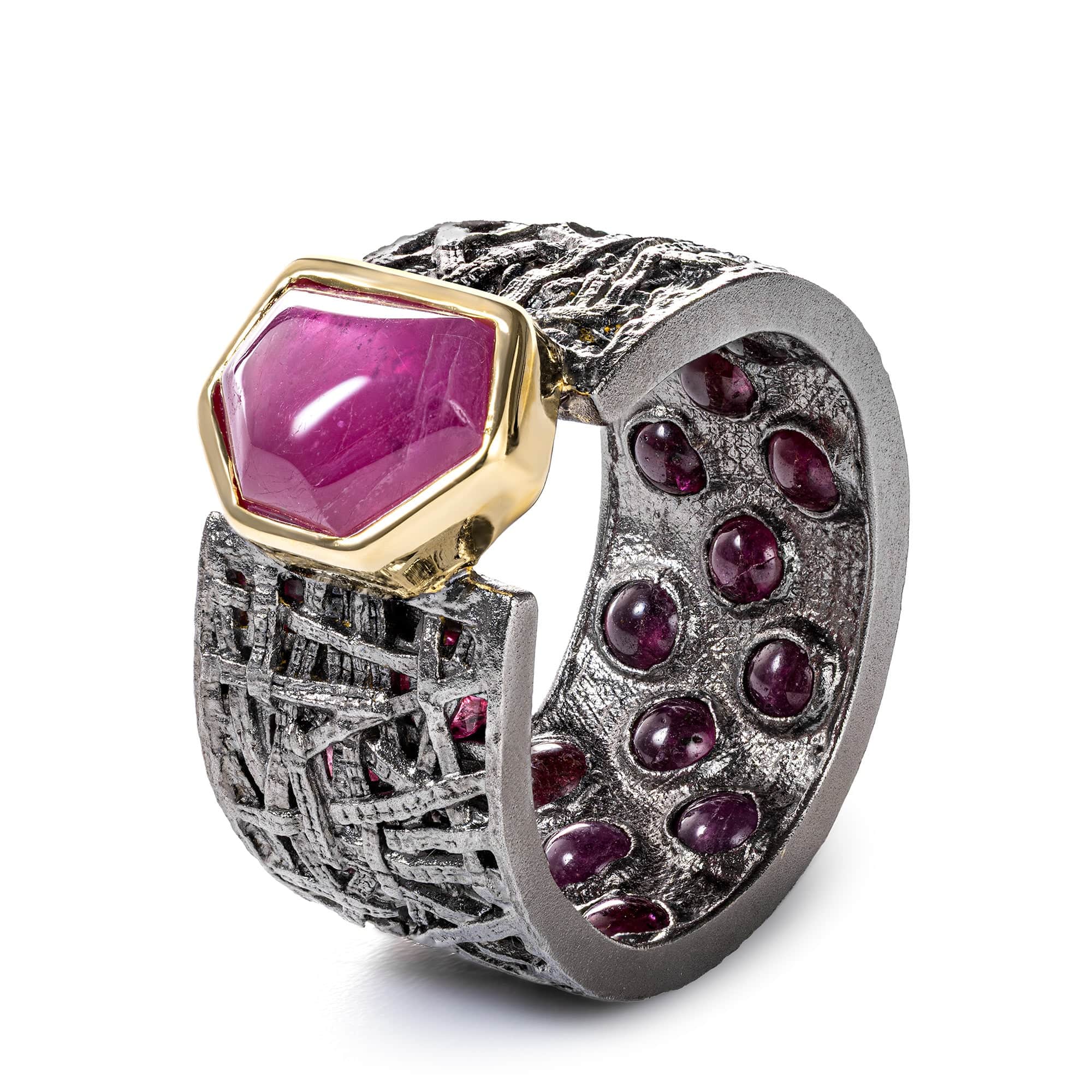 Kay Singular Edition Fancy-Cut Ruby Barrel Ring in Black Ruthenium & Gold-Plated Silver