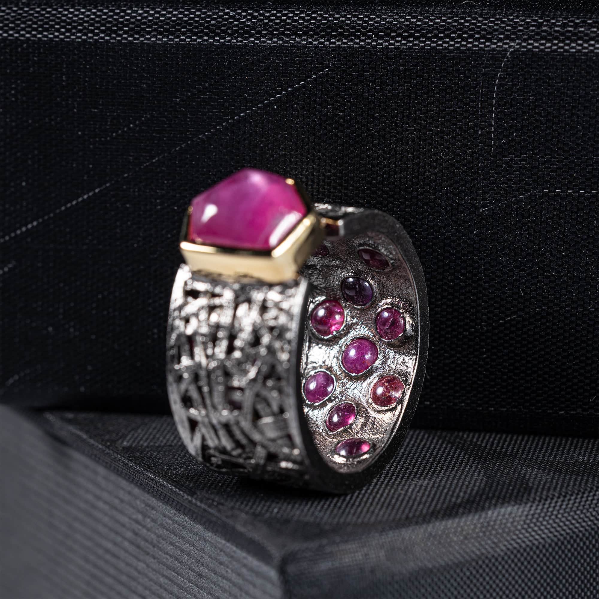Kay Singular Edition Fancy-Cut Ruby Barrel Ring in Black Ruthenium & Gold-Plated Silver