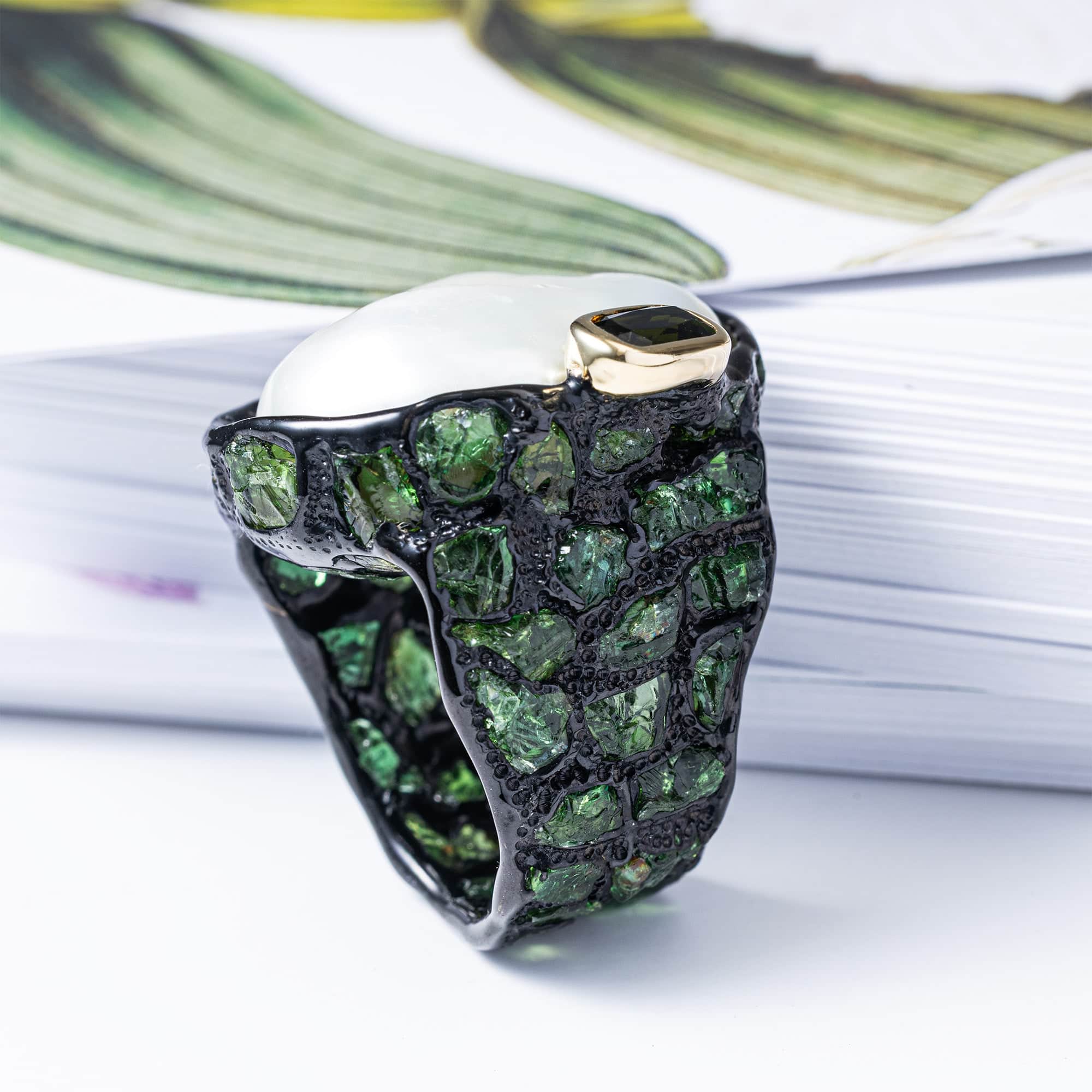 Peitho Singular Ring in Sterling Silver with Baroque Pearl & Chrome Diopside Mosaic