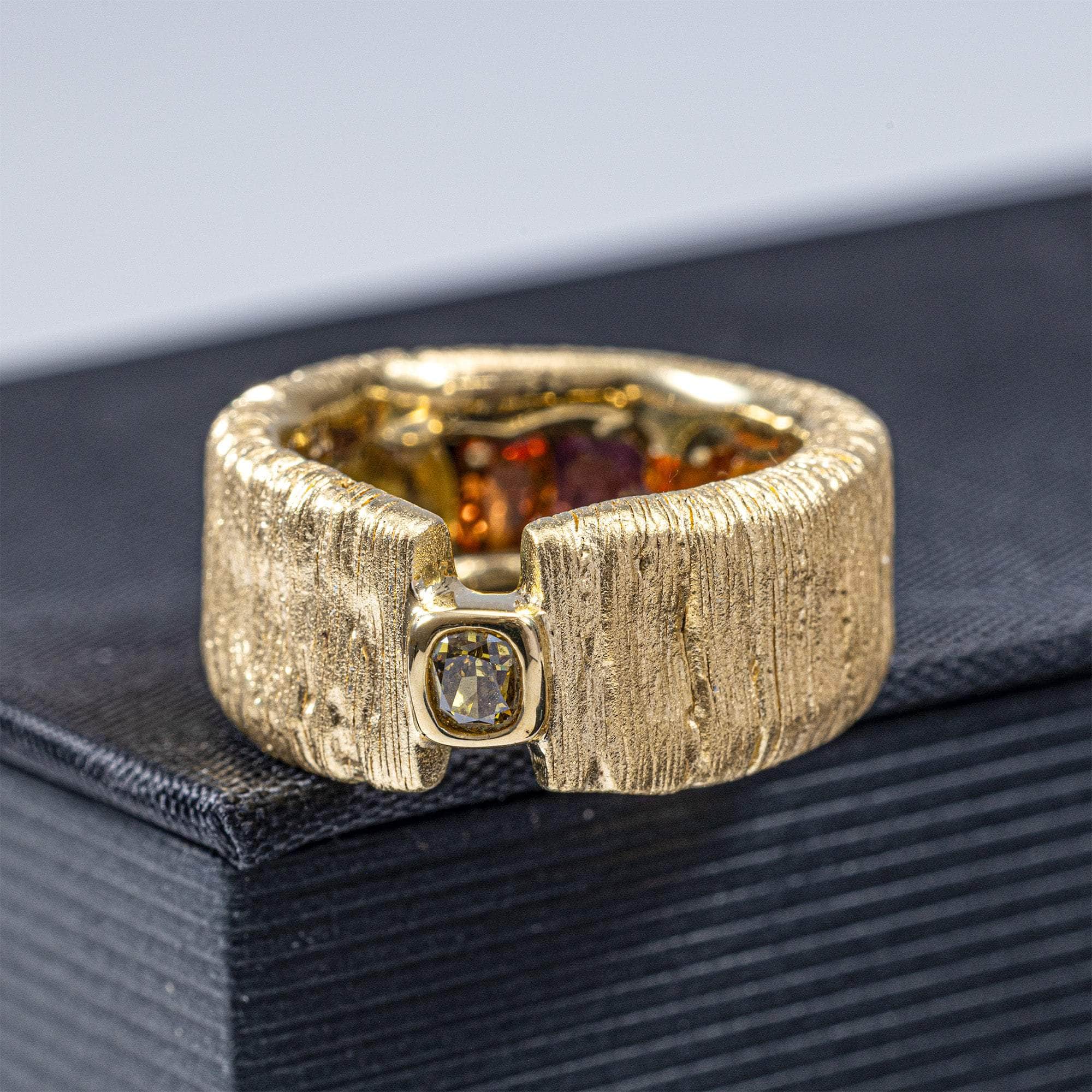 Thalia One of a Kind Egoist Ring in 14K Gold Plated Silver with 0.30 Carat Fancy Golden Diamond and Gradient Sapphires Inside