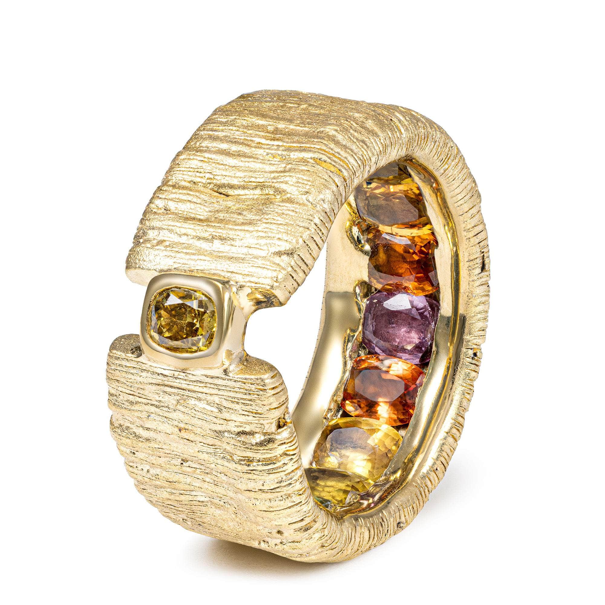 Thalia One of a Kind Egoist Ring in 14K Gold Plated Silver with 0.30 Carat Fancy Golden Diamond and Gradient Sapphires Inside