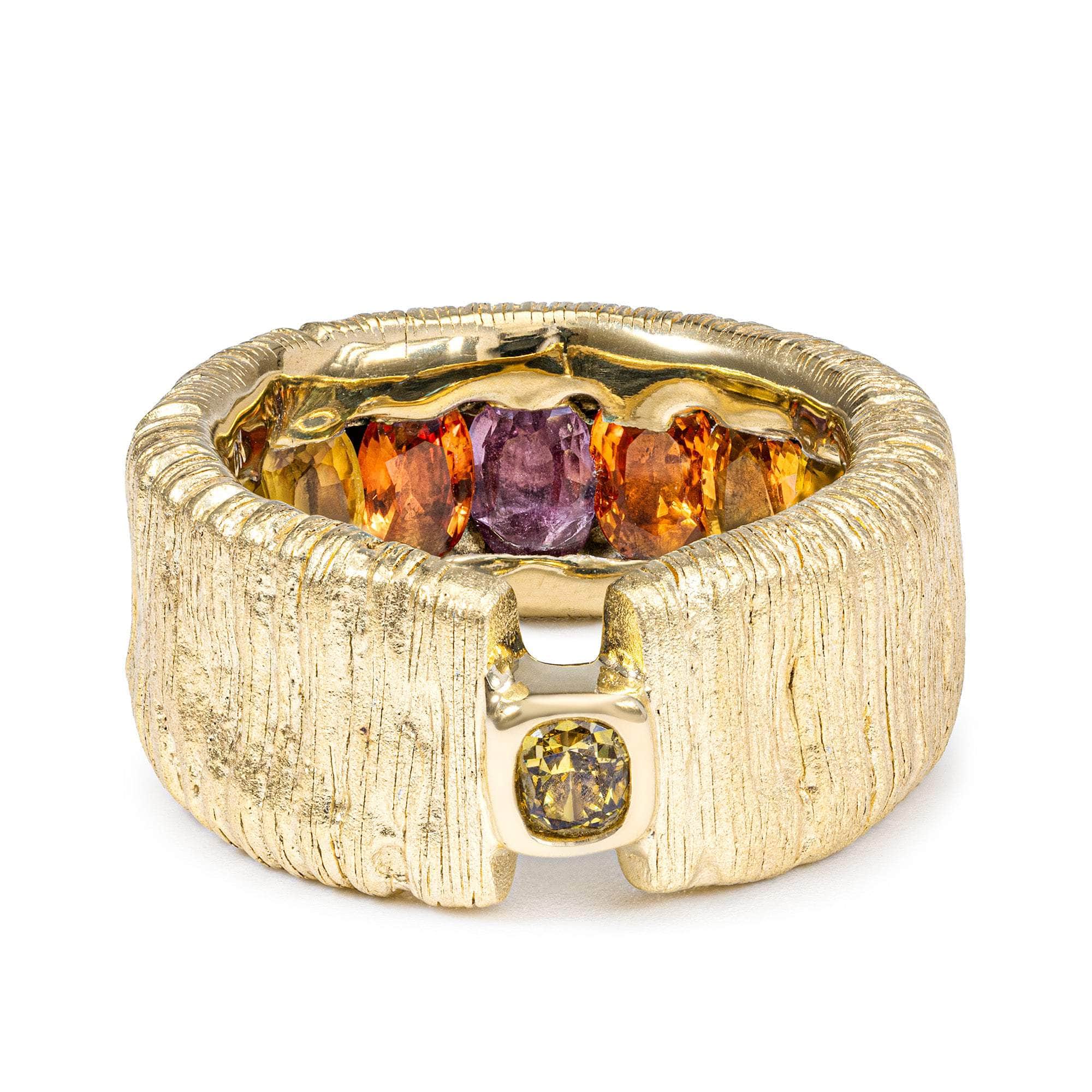 Thalia One of a Kind Egoist Ring in 14K Gold Plated Silver with 0.30 Carat Fancy Golden Diamond and Gradient Sapphires Inside