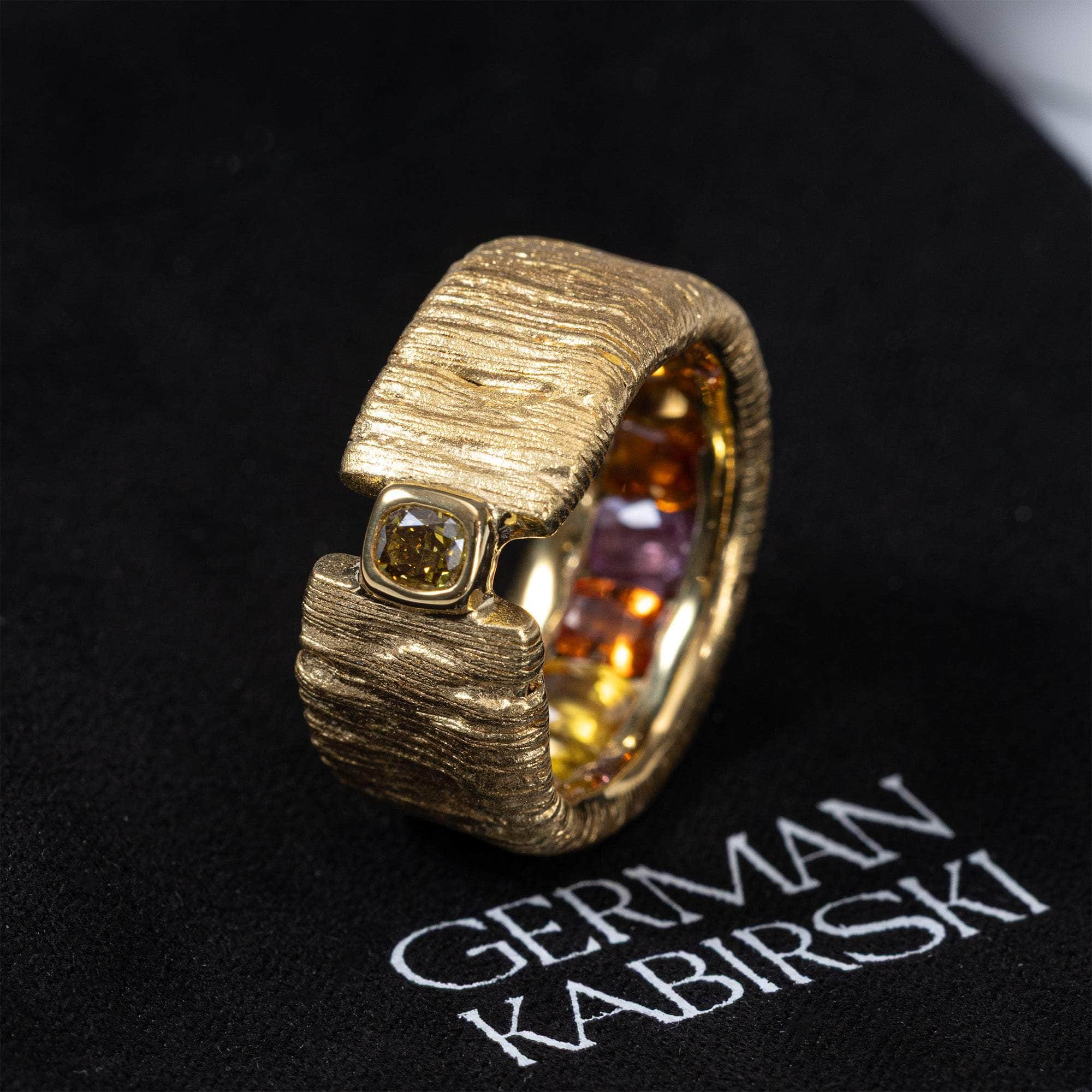 Thalia One of a Kind Egoist Ring in 14K Gold Plated Silver with 0.30 Carat Fancy Golden Diamond and Gradient Sapphires Inside