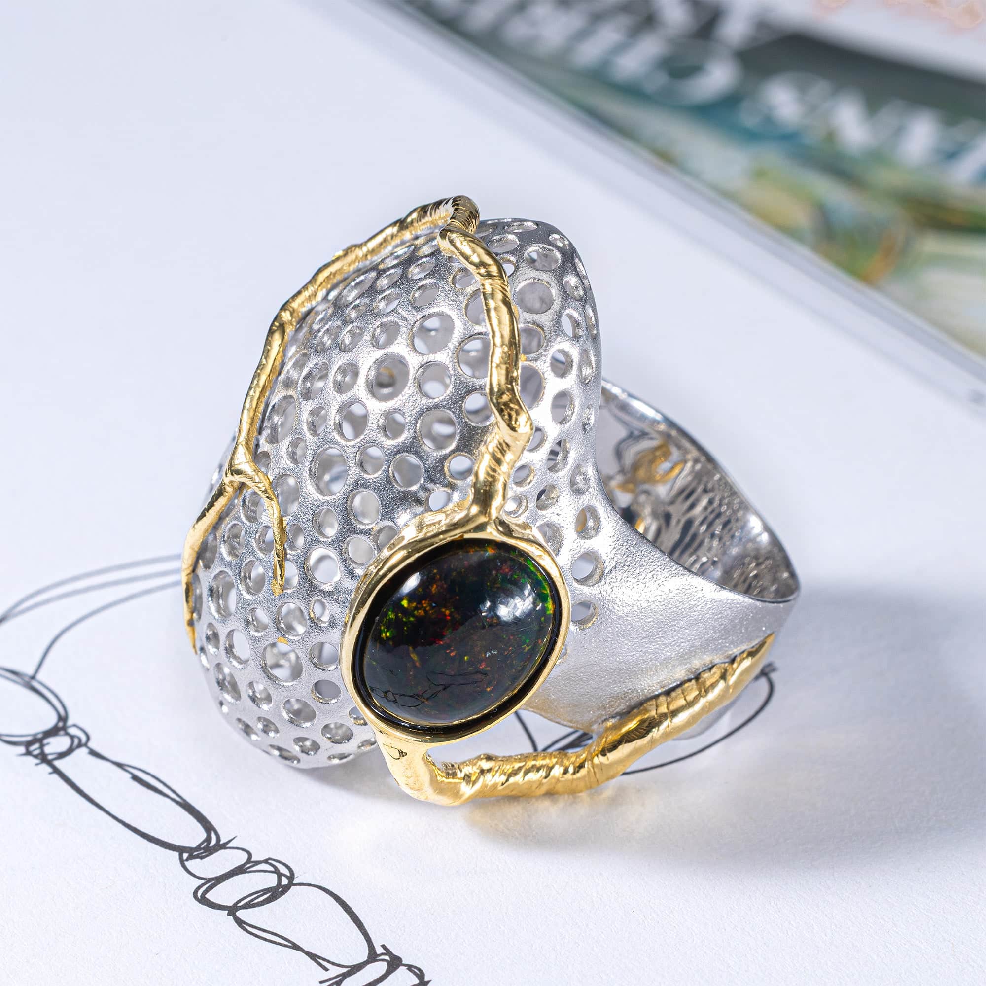Sallan Singular Edition Silver Ring with Black Opal Cabochon in White Rhodium & 14K Gold