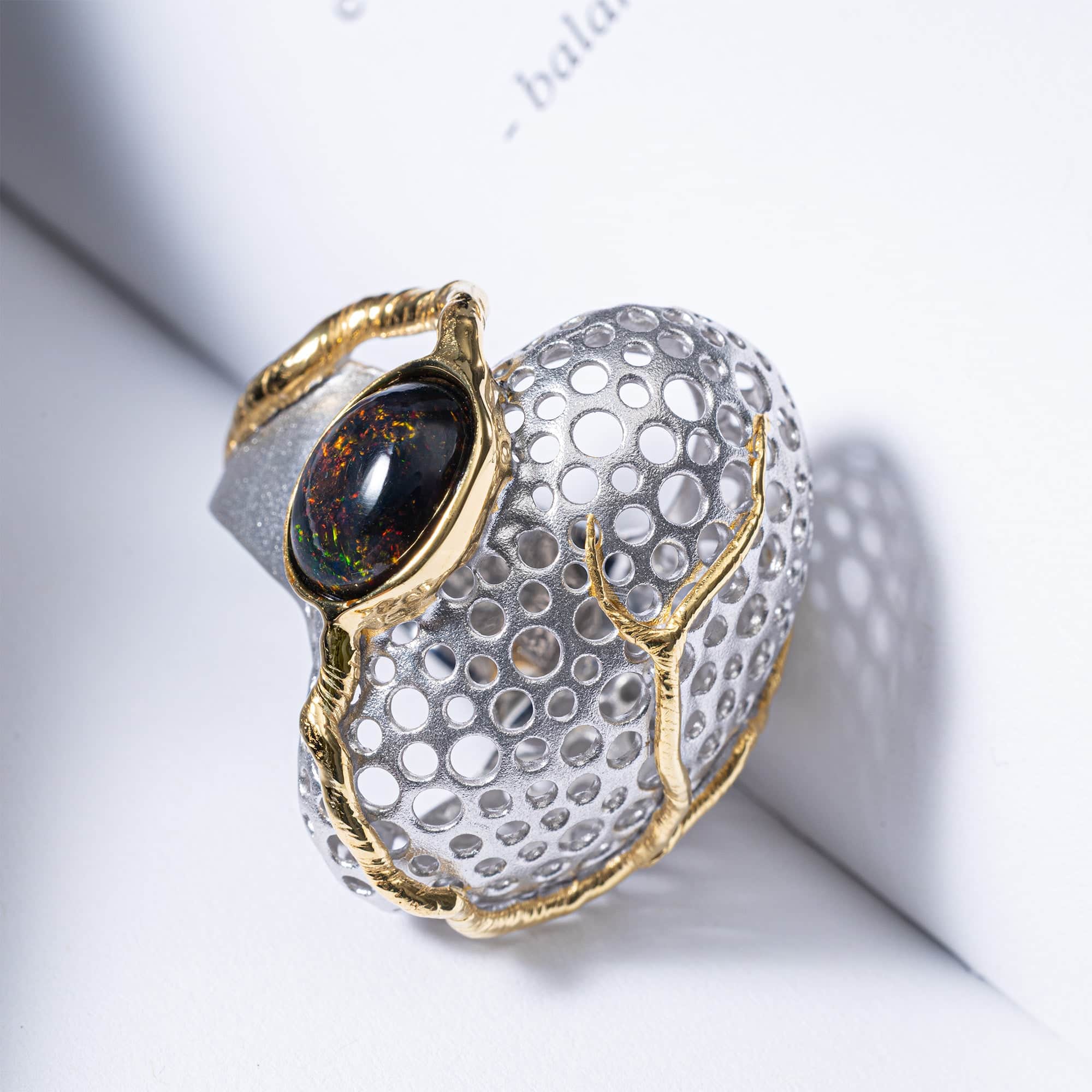 Sallan Singular Edition Silver Ring with Black Opal Cabochon in White Rhodium & 14K Gold