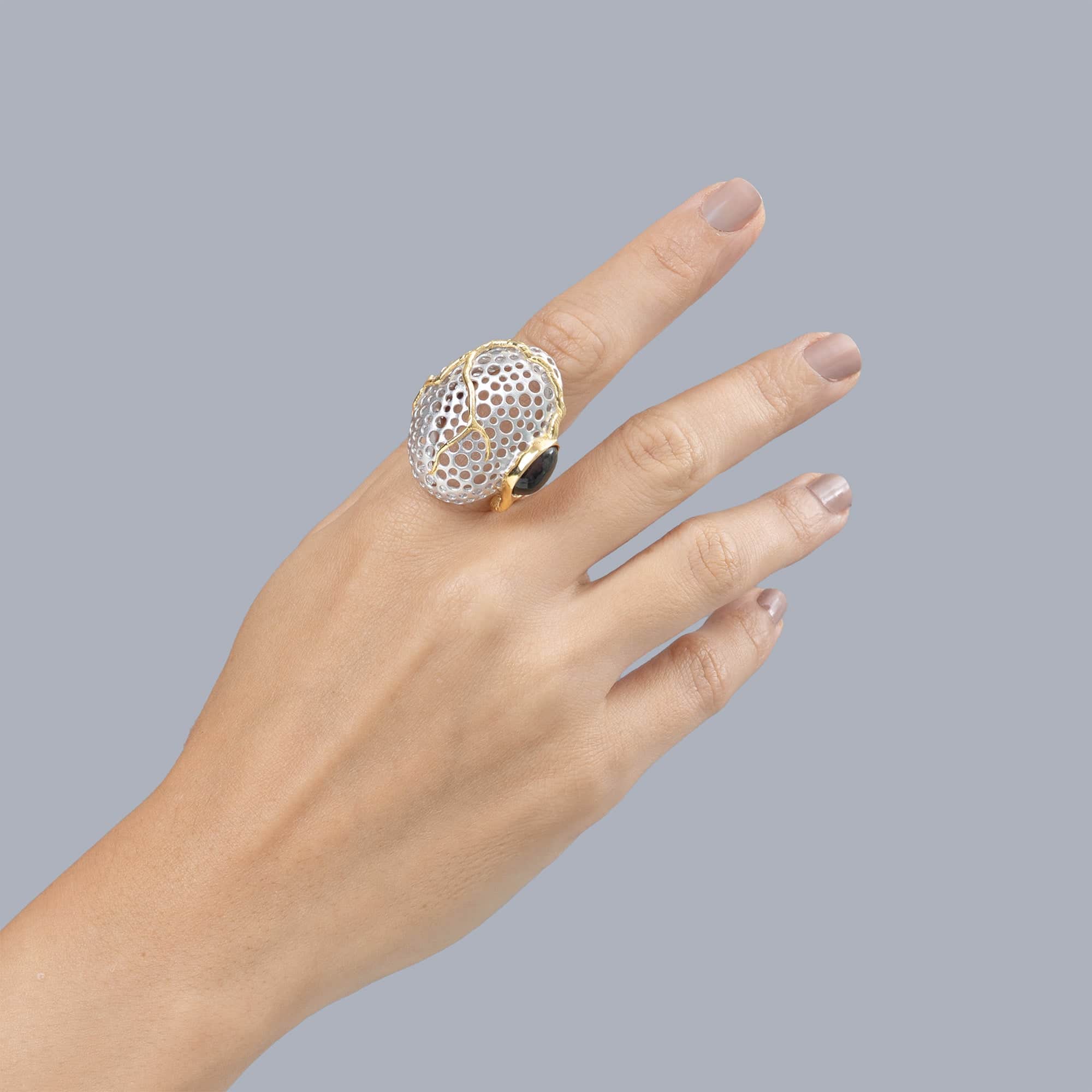 Sallan Singular Edition Silver Ring with Black Opal Cabochon in White Rhodium & 14K Gold