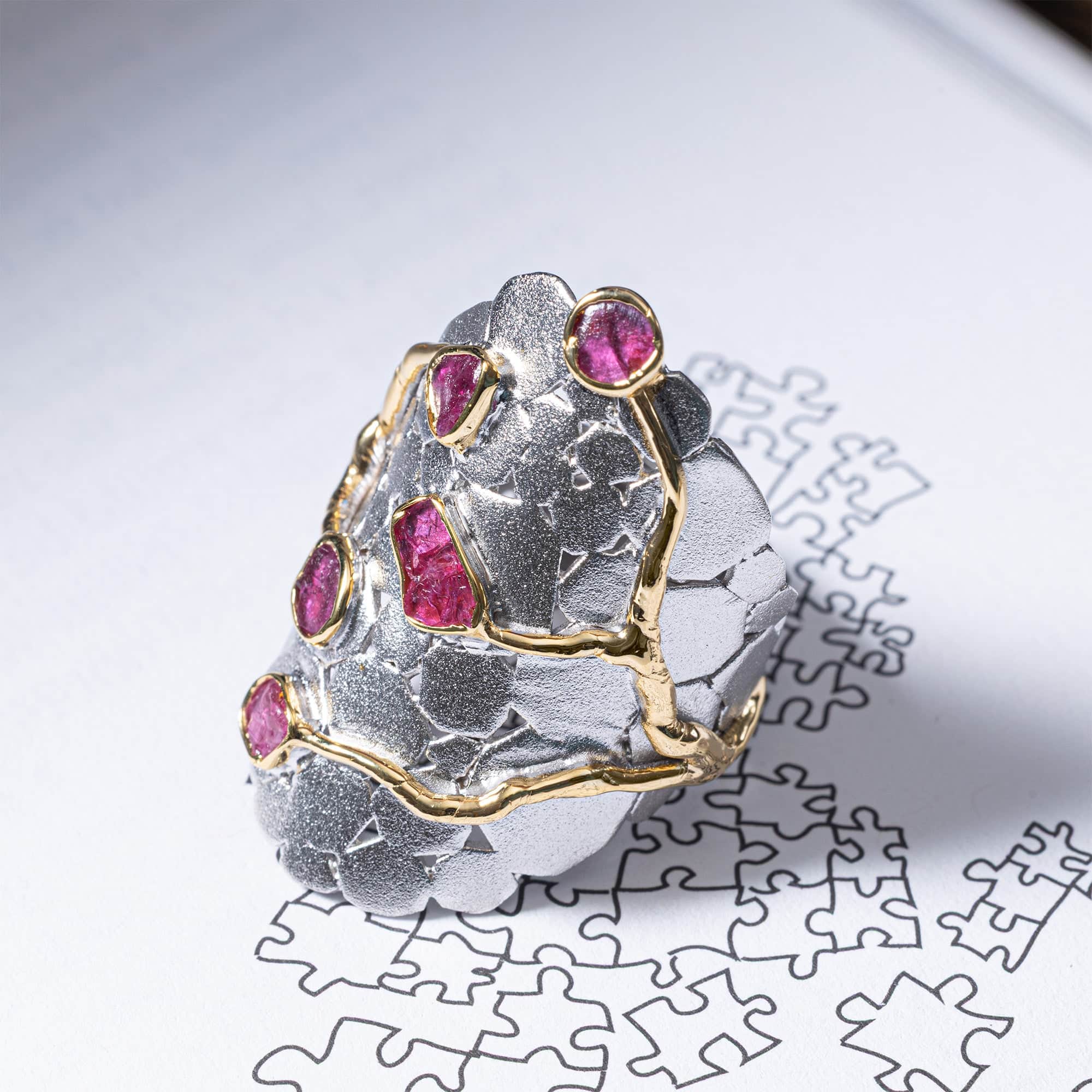 Agnis Singular Edition Wide Band Silver Ring with Rough Rubies