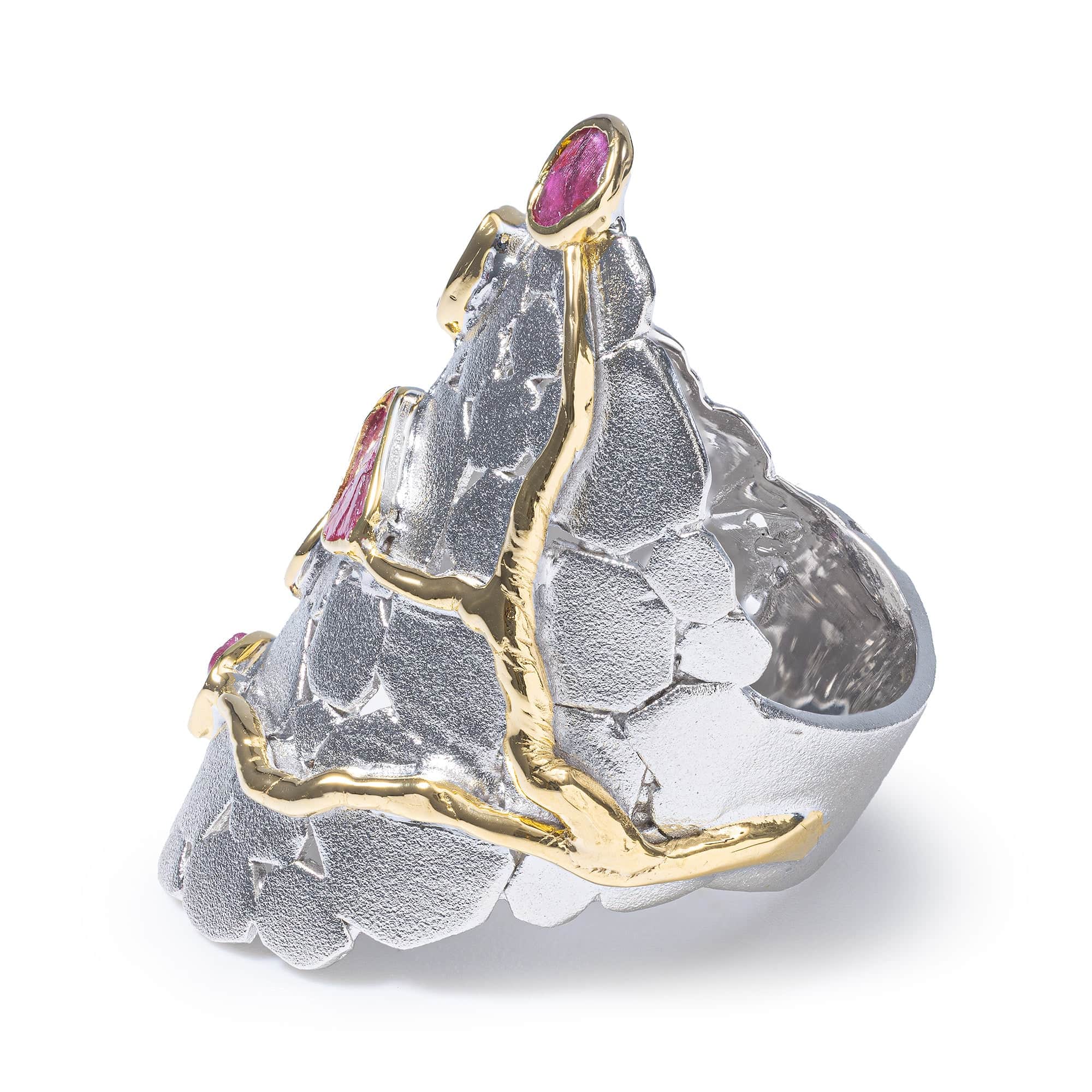 Agnis Singular Edition Wide Band Silver Ring with Rough Rubies