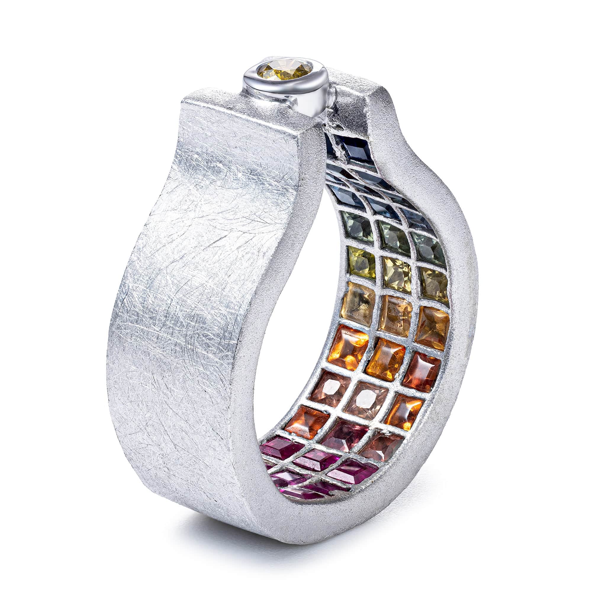 Caligo Singular Egoist Ring in Silver with Golden Diamond & Hidden Mixed Sapphires