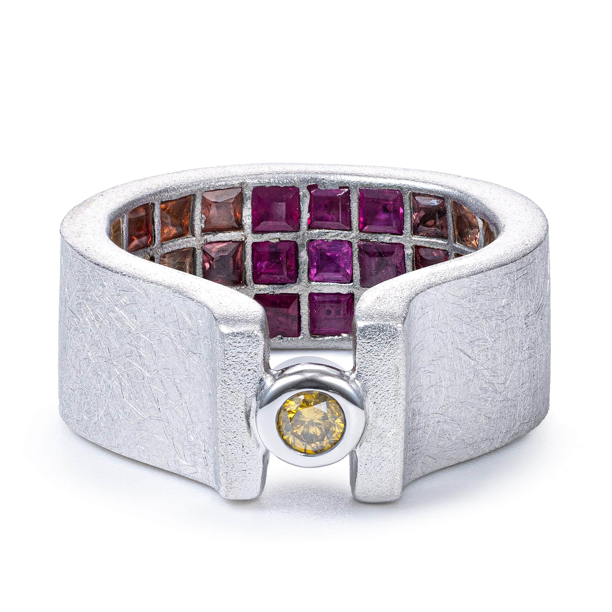 Caligo Singular Egoist Ring in Silver with Golden Diamond & Hidden Mixed Sapphires