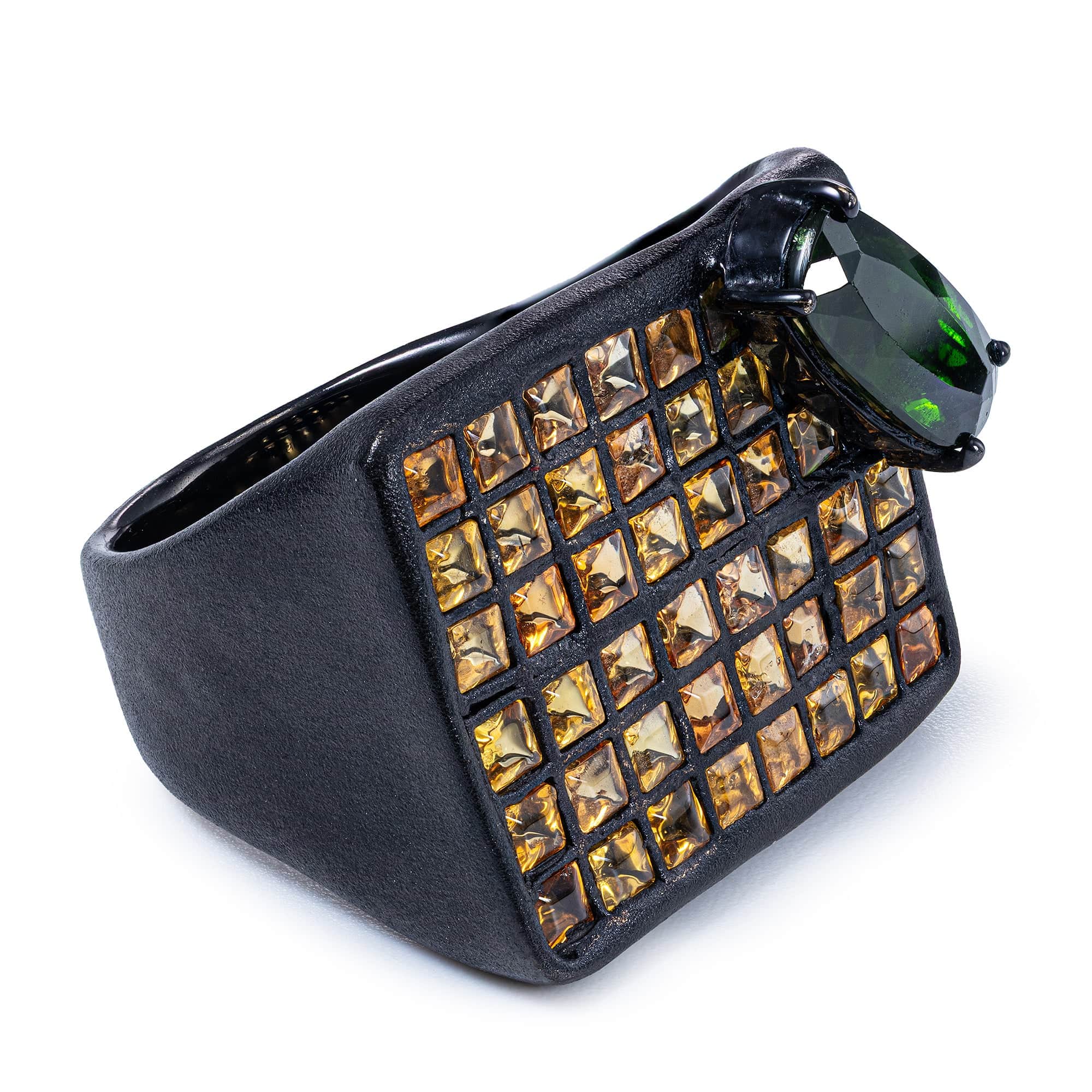 Melas Statement Ring in Sterling Silver with Yellow Sapphire Tiles & Chrome Diopside