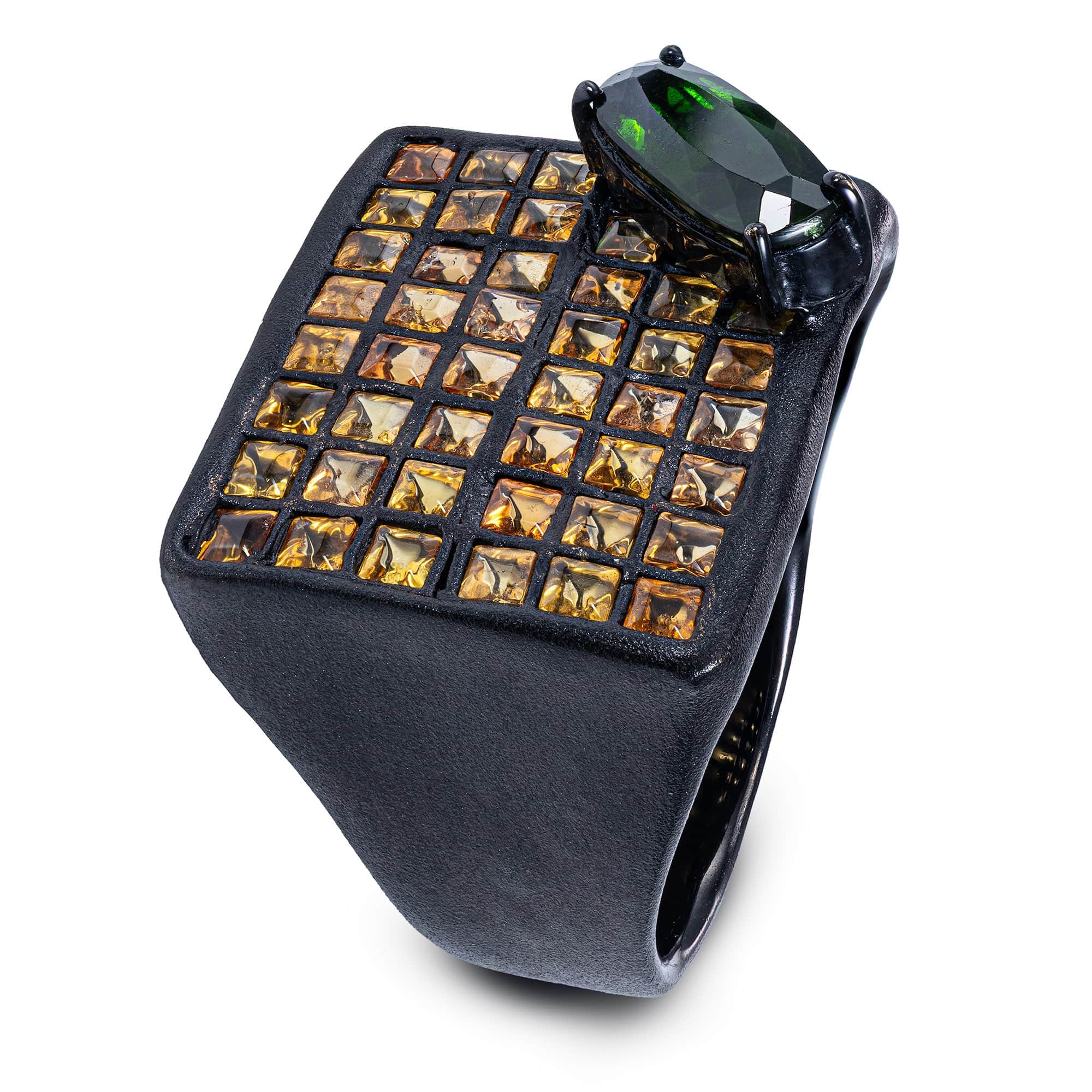 Melas Statement Ring in Sterling Silver with Yellow Sapphire Tiles & Chrome Diopside