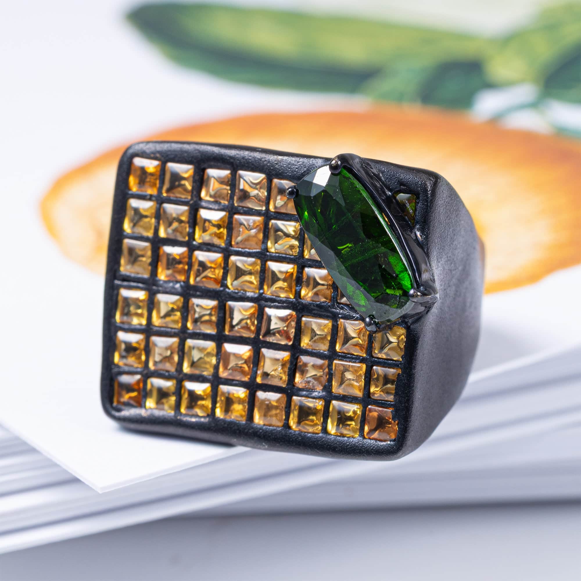 Melas Statement Ring in Sterling Silver with Yellow Sapphire Tiles & Chrome Diopside