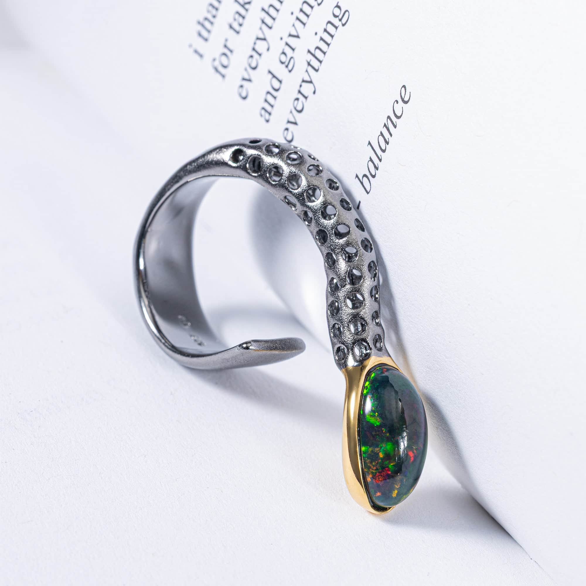 Aquilo Singular Edition Open Silver Ring with Black Opal Cabochon