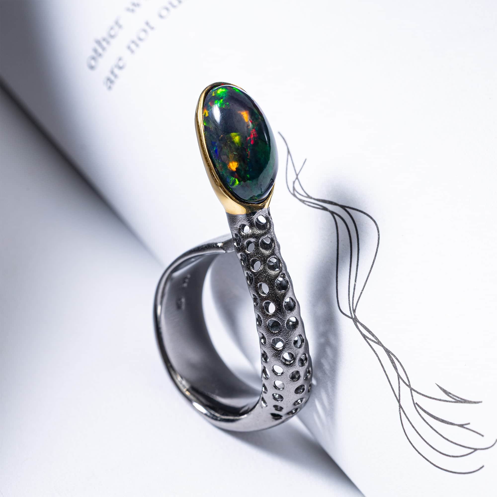 Aquilo Singular Edition Open Silver Ring with Black Opal Cabochon
