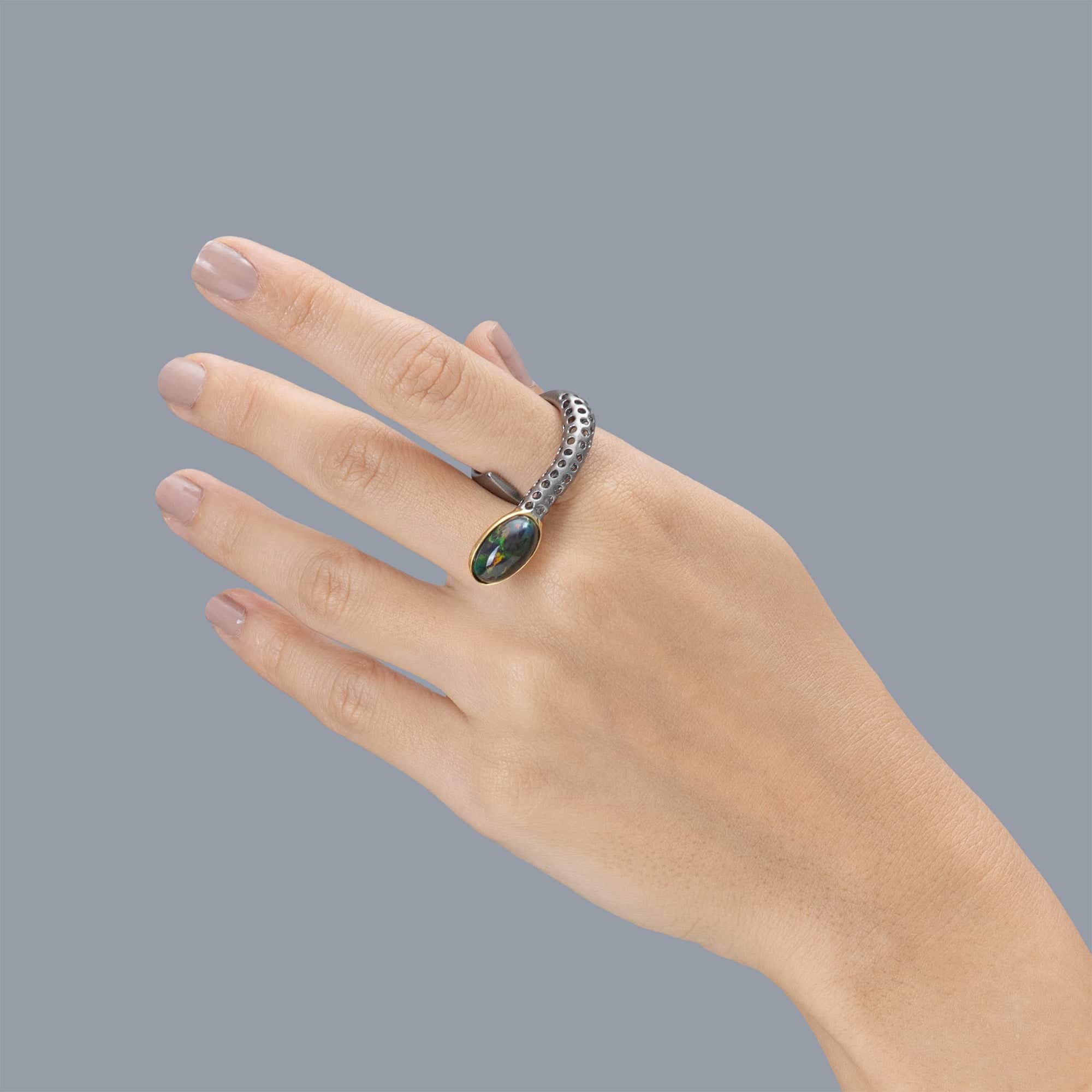 Aquilo Singular Edition Open Silver Ring with Black Opal Cabochon