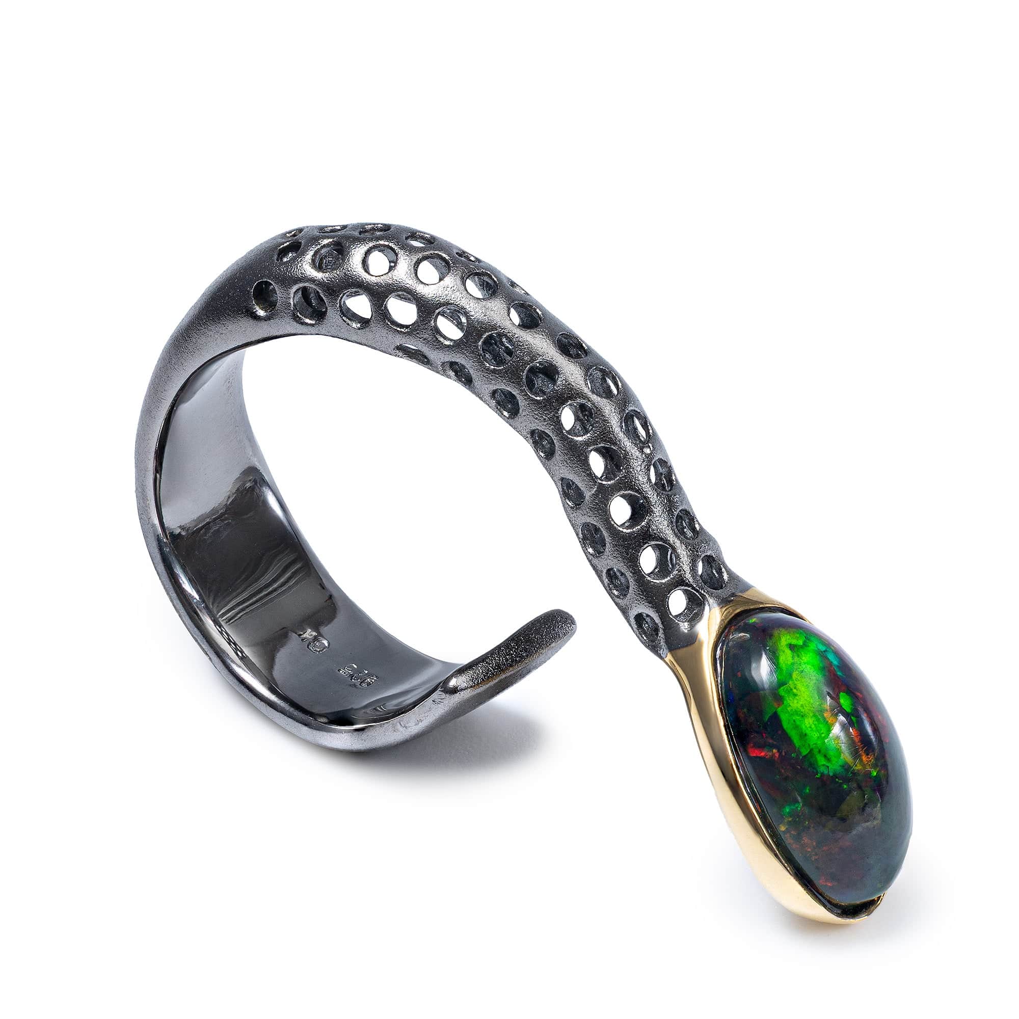Aquilo Singular Edition Open Silver Ring with Black Opal Cabochon