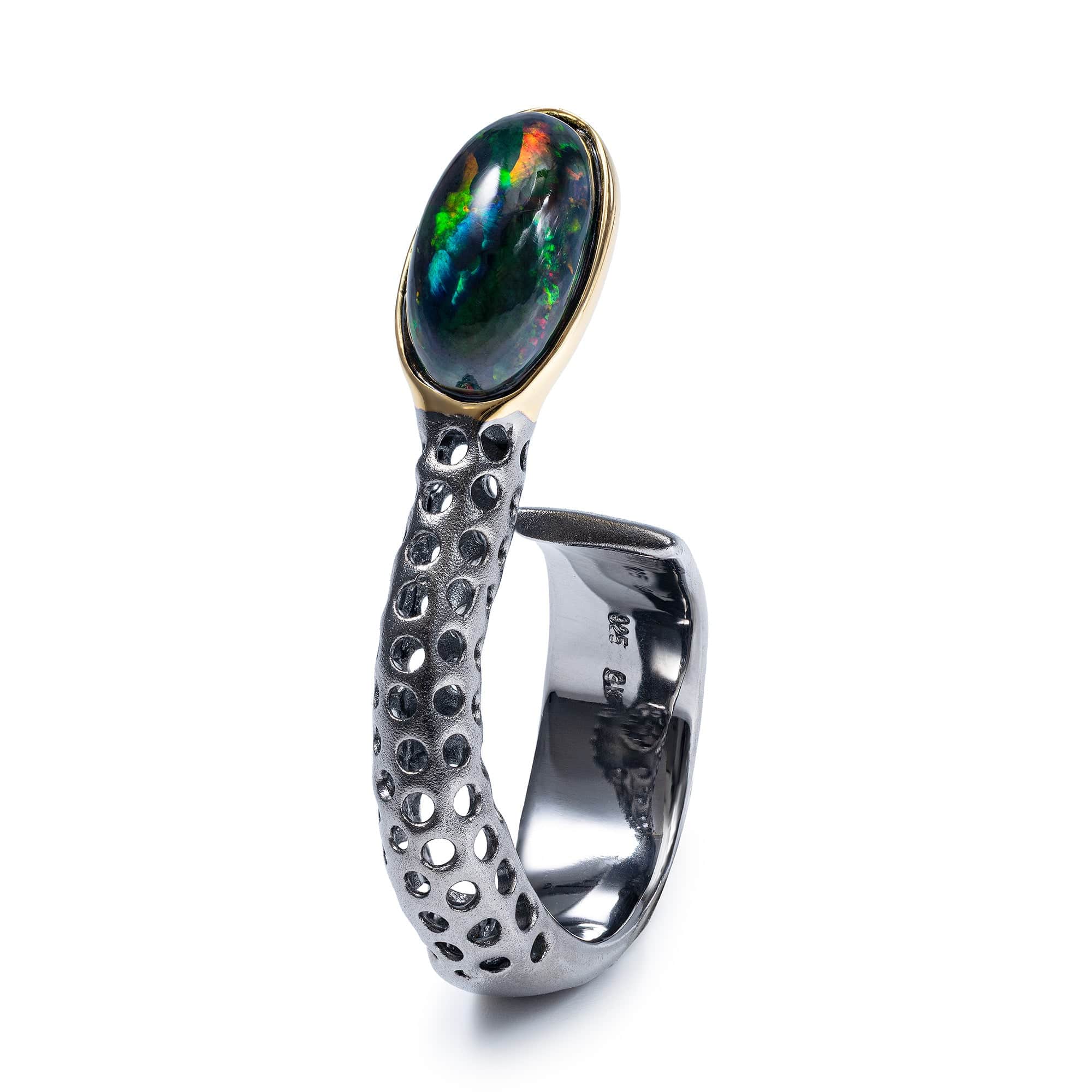 Aquilo Singular Edition Open Silver Ring with Black Opal Cabochon