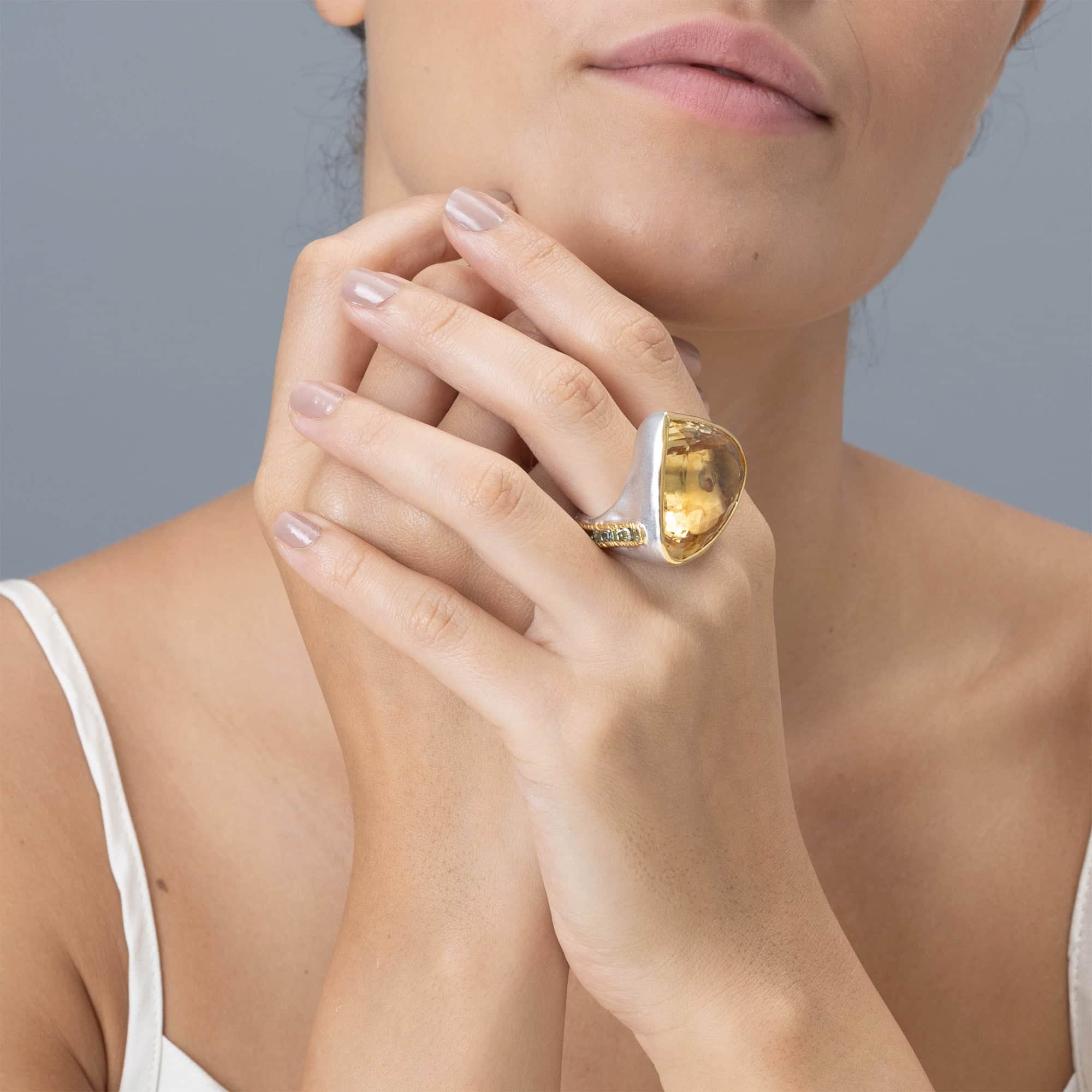 Surya Singular Edition Silver Ring with Large Citrine & Green Sapphire Line