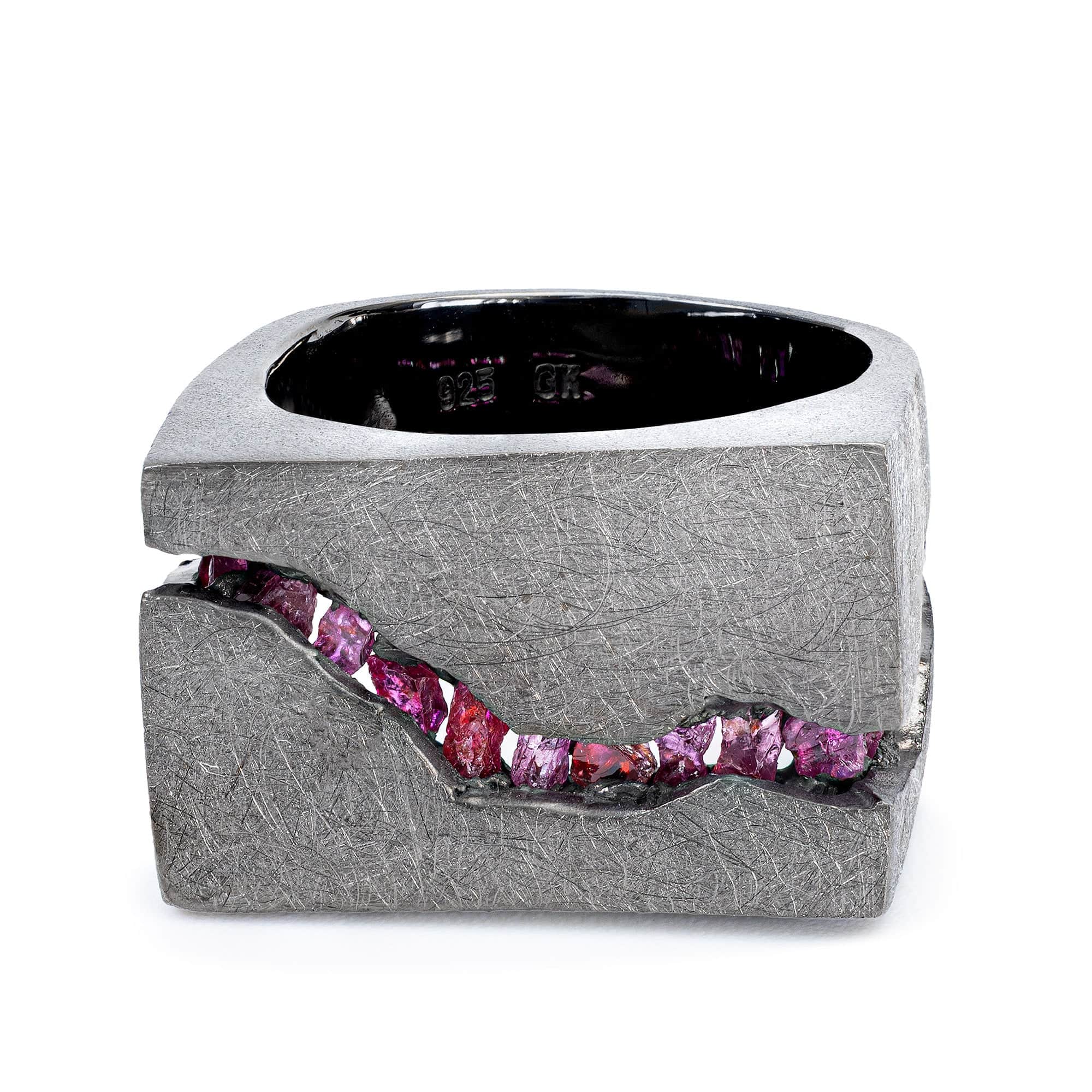 Evander Singular Edition Raw Ruby Signet Ring in Black Ruthenium-Plated Sterling Silver
