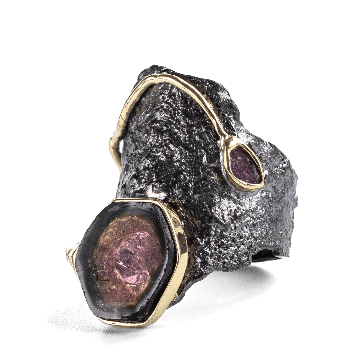 Pepo Singular Edition Silver Ring with Natural Raw Watermelon Tourmaline Crystal Slice