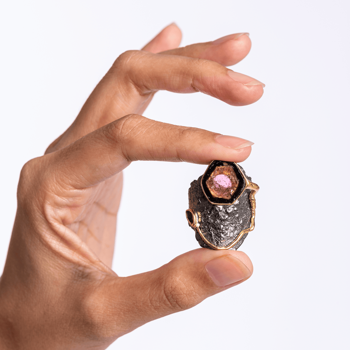 Pepo Singular Edition Silver Ring with Natural Raw Watermelon Tourmaline Crystal Slice