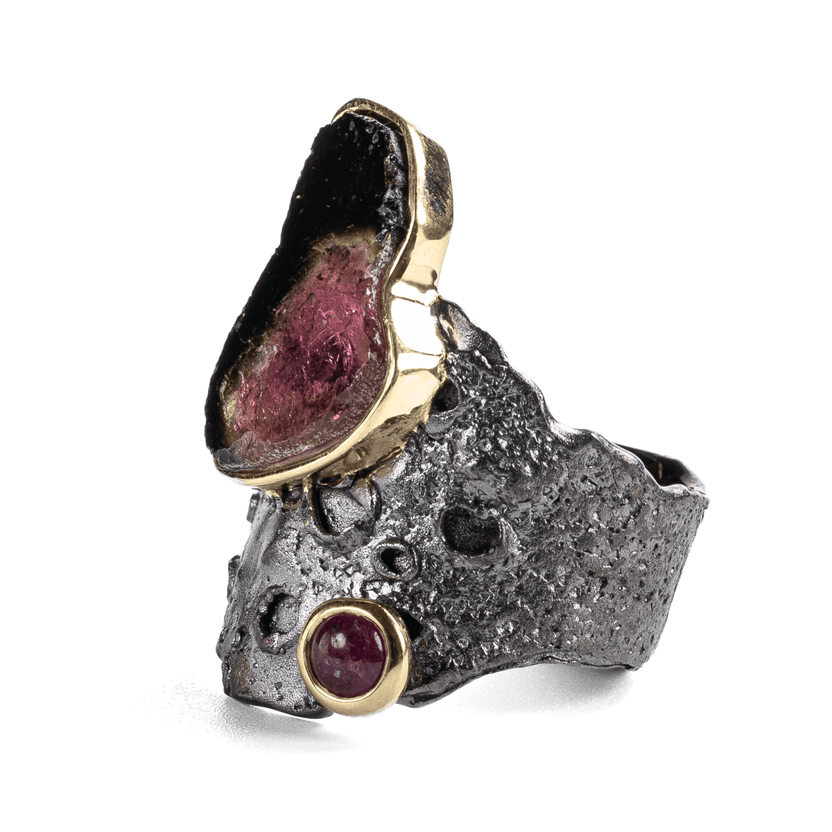 Adom Singular Edition Natural Raw Watermelon Tourmaline Slice & Cabochon Ruby Silver Ring