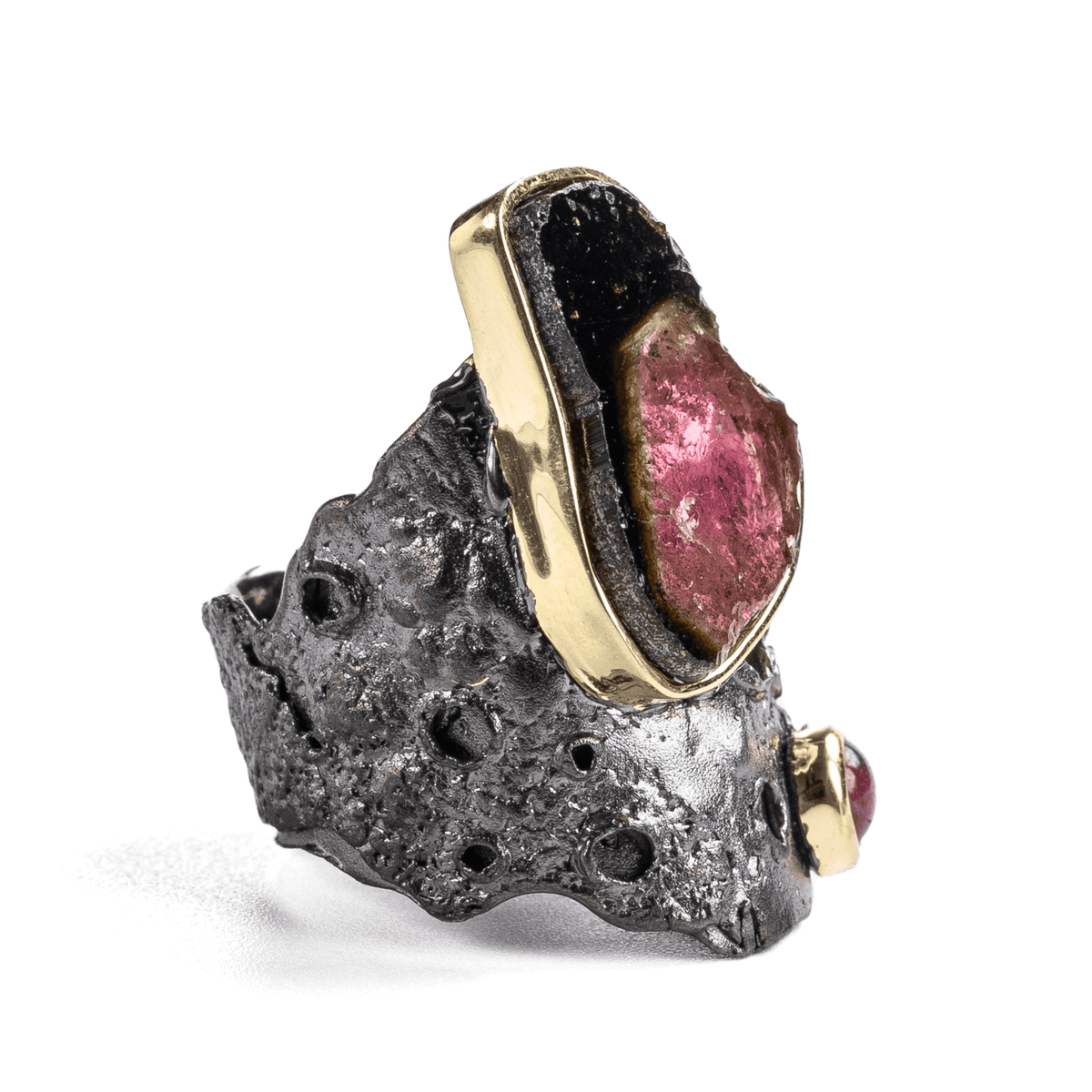Adom Singular Edition Natural Raw Watermelon Tourmaline Slice & Cabochon Ruby Silver Ring