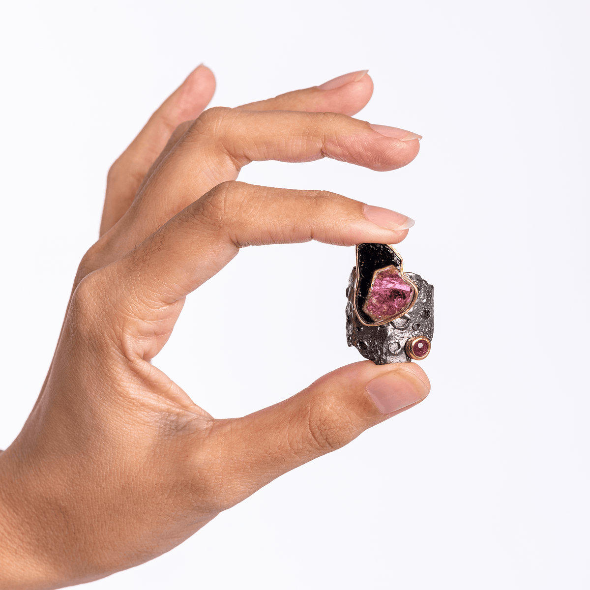 Adom Singular Edition Natural Raw Watermelon Tourmaline Slice & Cabochon Ruby Silver Ring