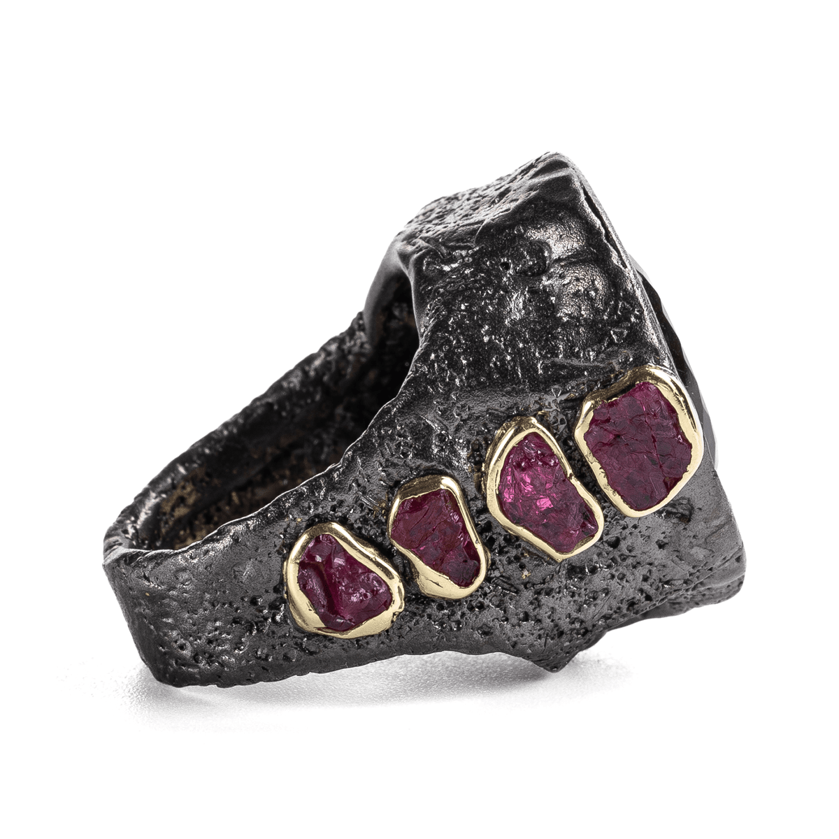 Ljoss Singular Edition Natural Smoky Quartz & Raw Ruby Silver Ring