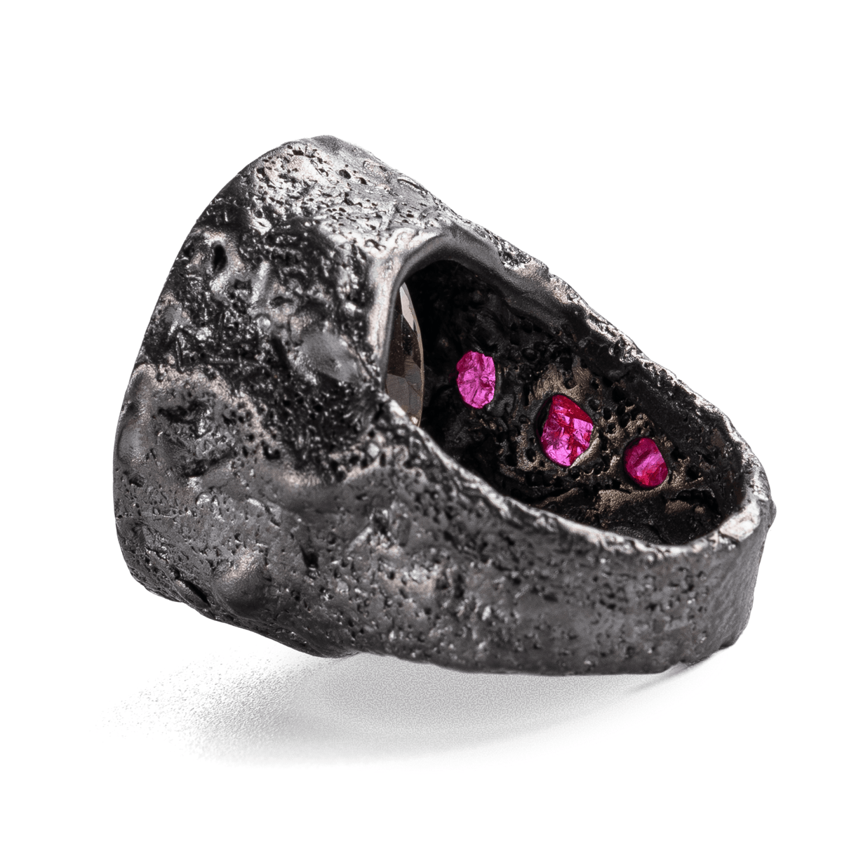 Ljoss Singular Edition Natural Smoky Quartz & Raw Ruby Silver Ring